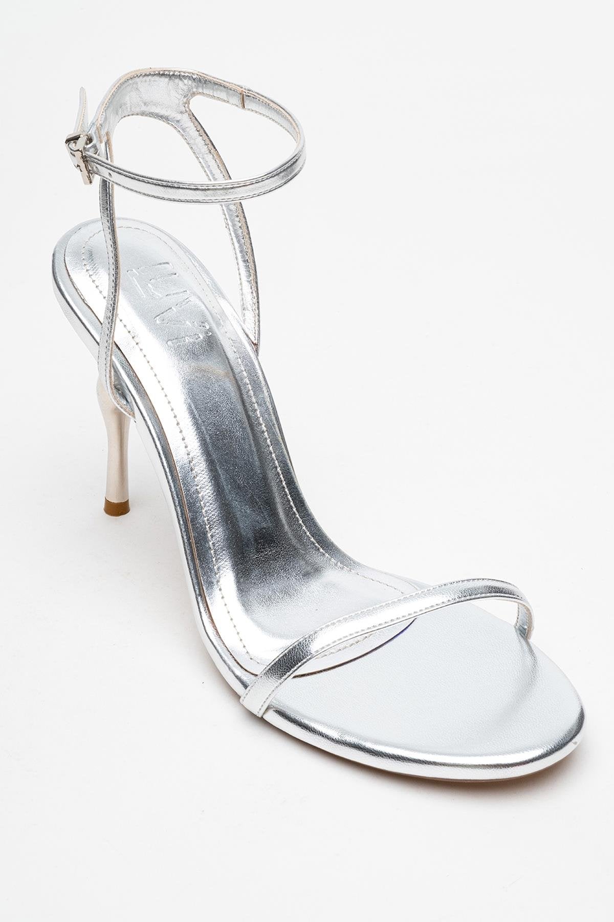 Jasmin - Silver Single-Strap Heeled Shoe – detail view showing leather, silver, Vowalisse