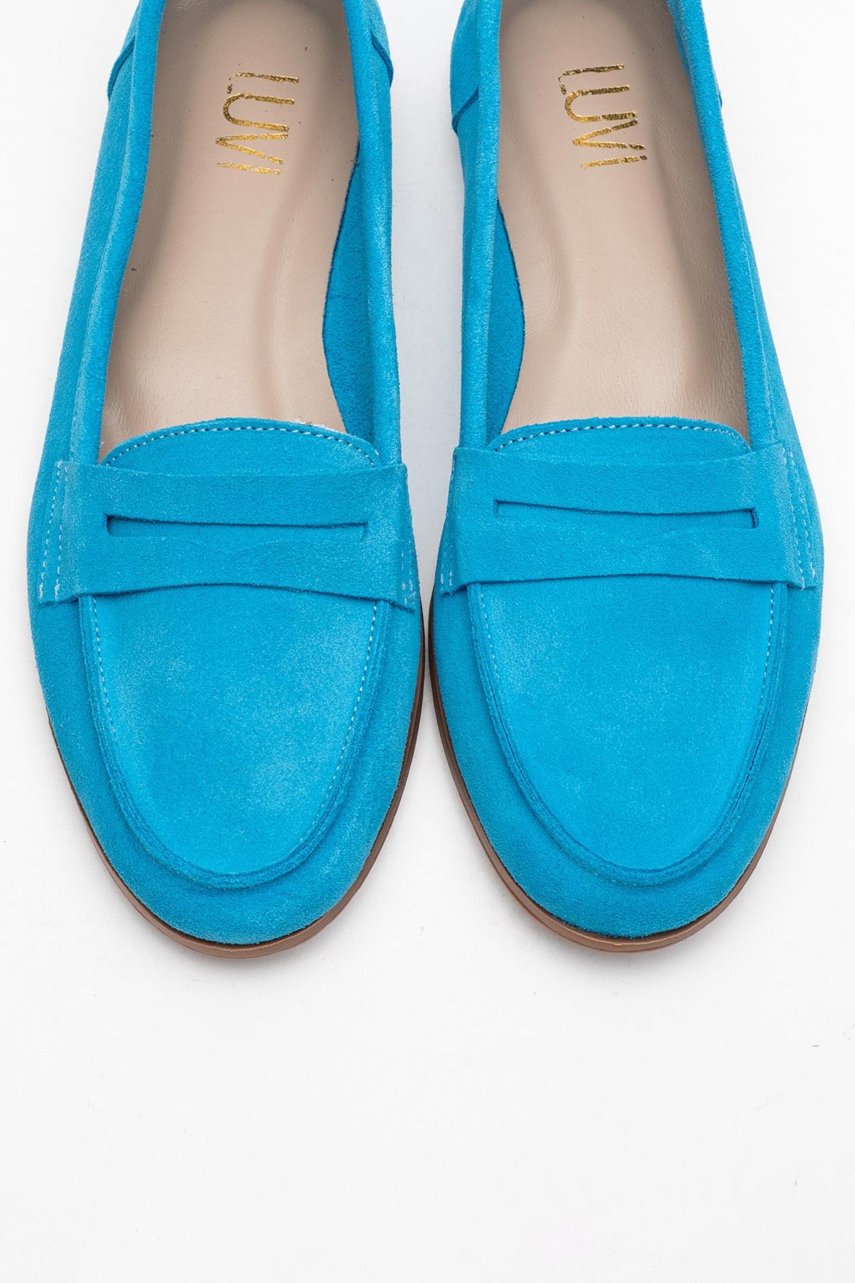 Dorothy - Light Blue Suede Leather Loafers – side view showing leather, suede, blue, Vowalisse