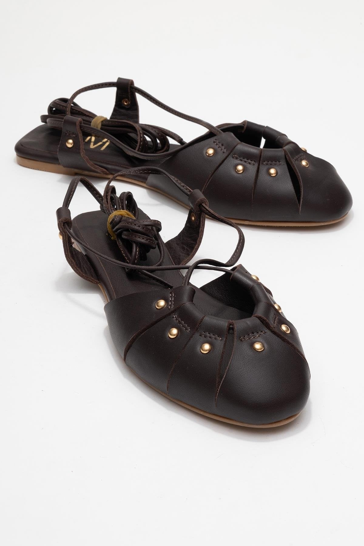 Daria - Brown Genuine Leather Ankle Lace-Up Sandal – front three-quarter view showing lace, leather, Vowalisse