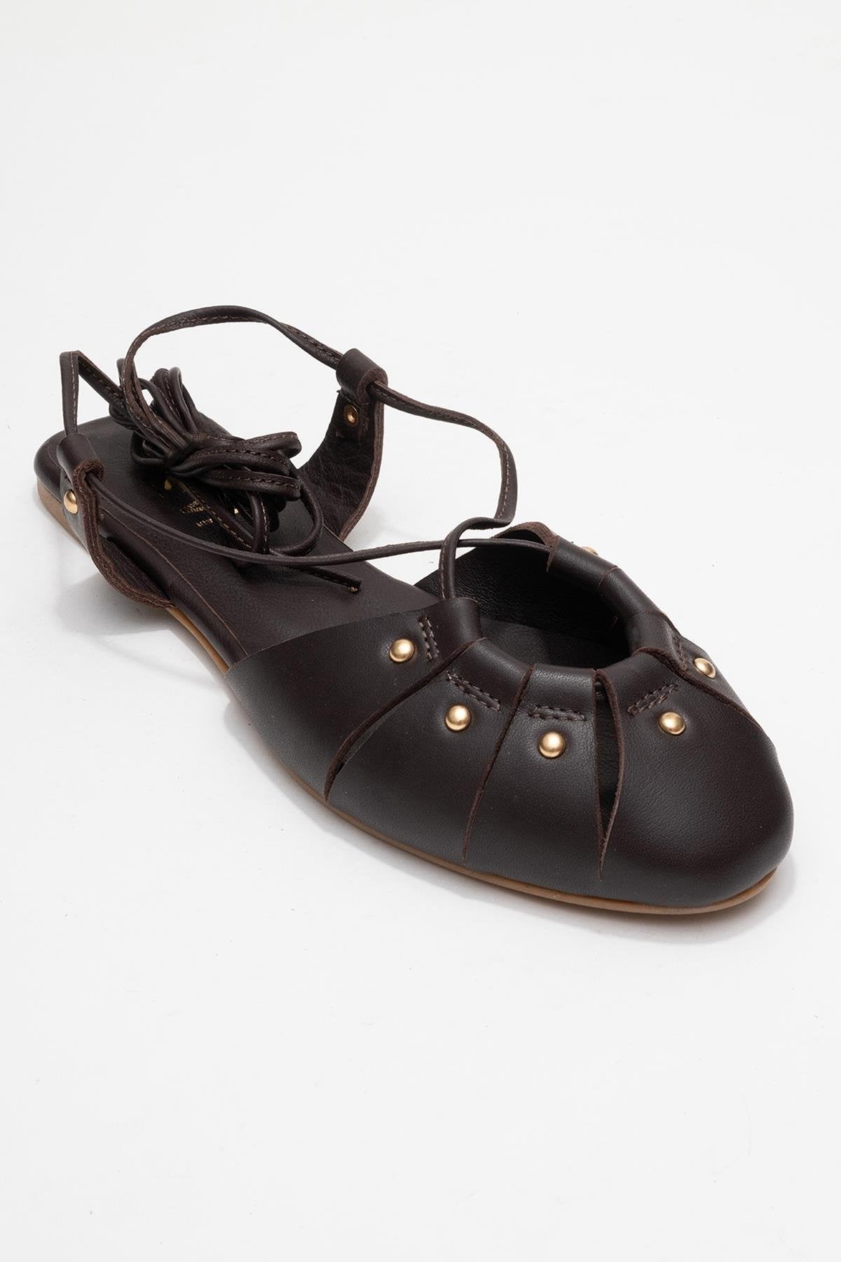 Daria - Brown Genuine Leather Ankle Lace-Up Sandal – detail view showing lace, leather, Vowalisse
