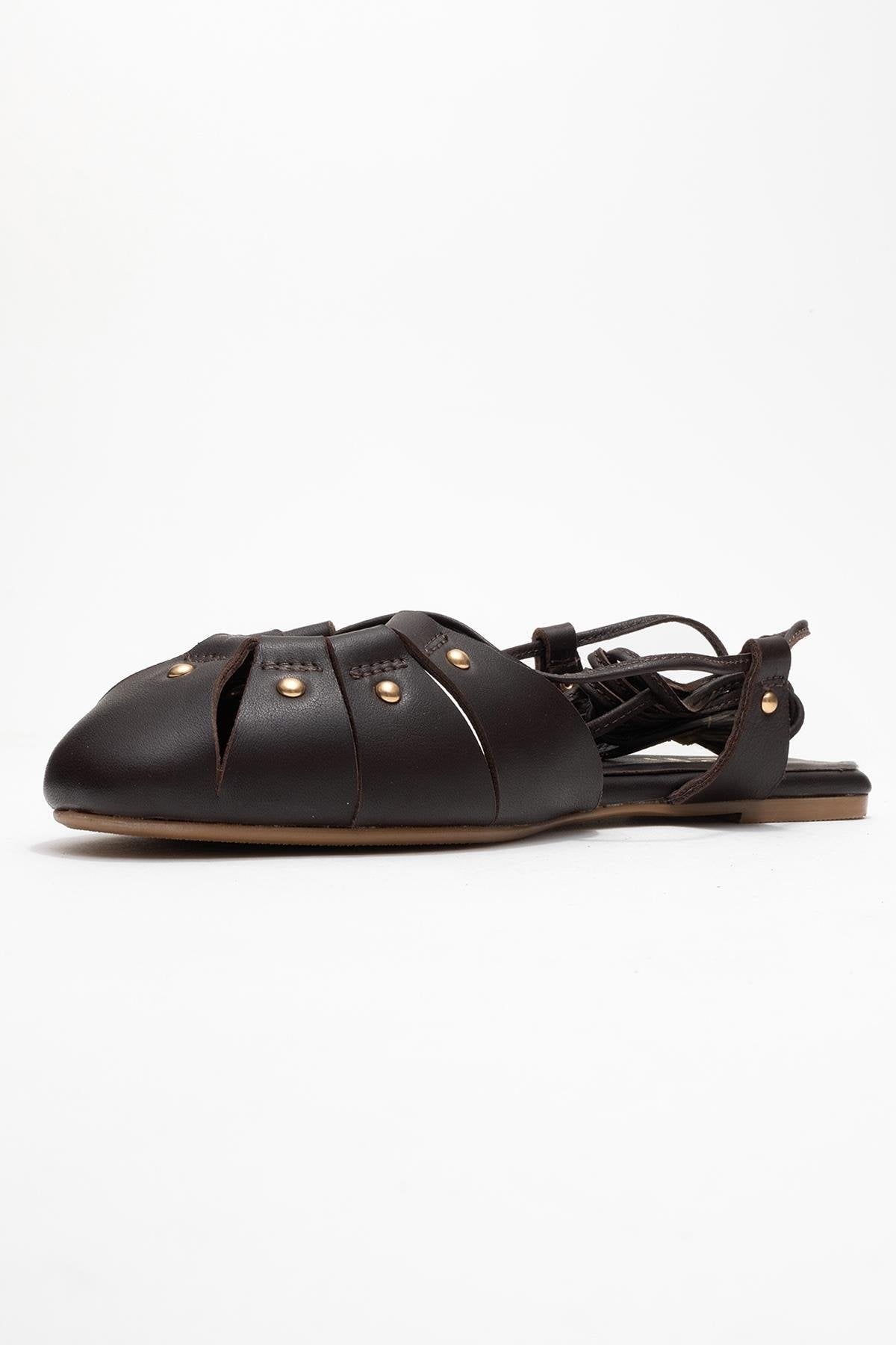 Daria - Brown Genuine Leather Ankle Lace-Up Sandal – heel view showing lace, leather, Vowalisse