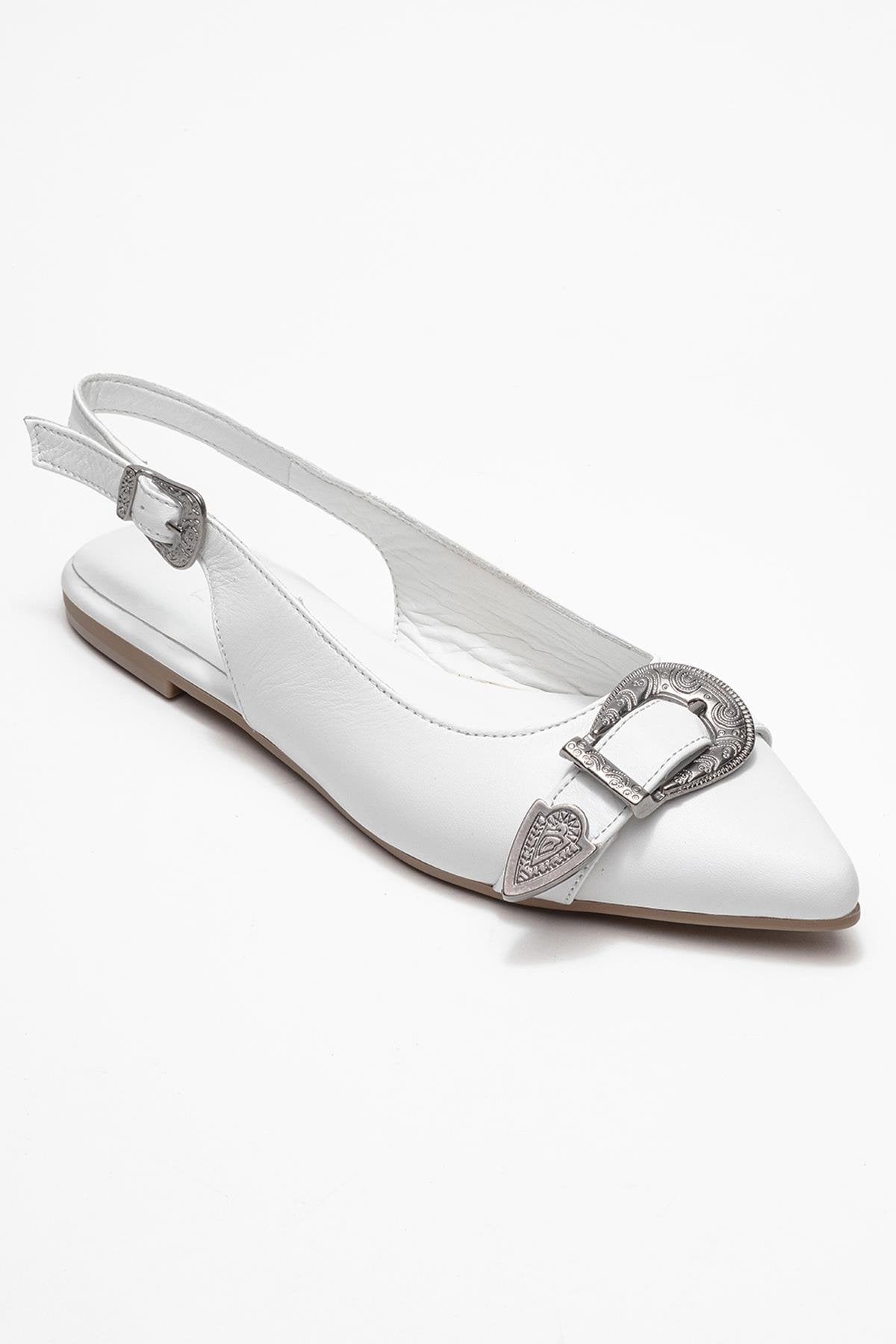 Dorothy - White Genuine Leather Pointed-Toe Buckle Sandal – detail view showing leather, white, red, Vowalisse