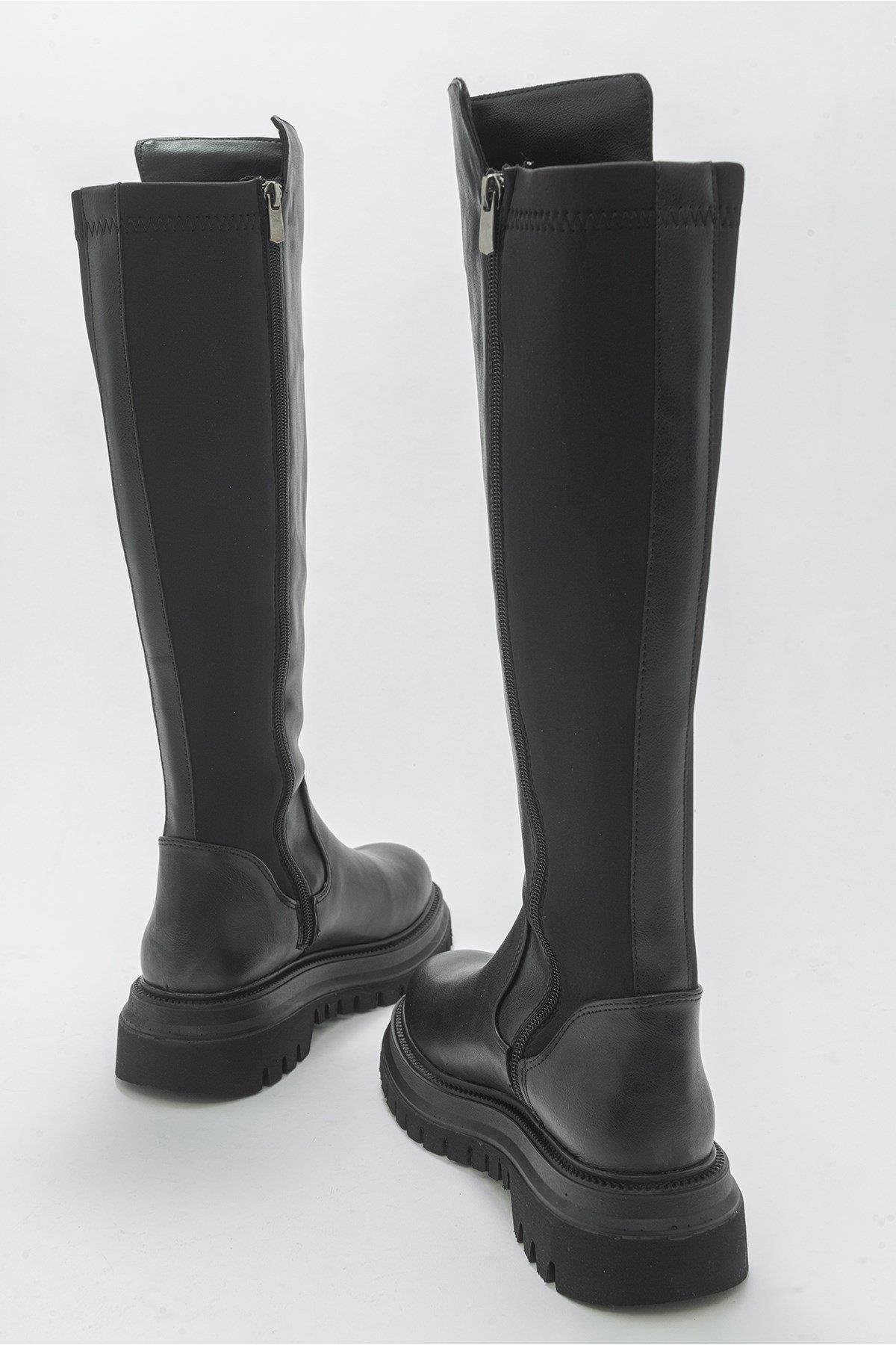 Paul - Black Stretch Detail Boot – heel view showing leather, black, Vowalisse