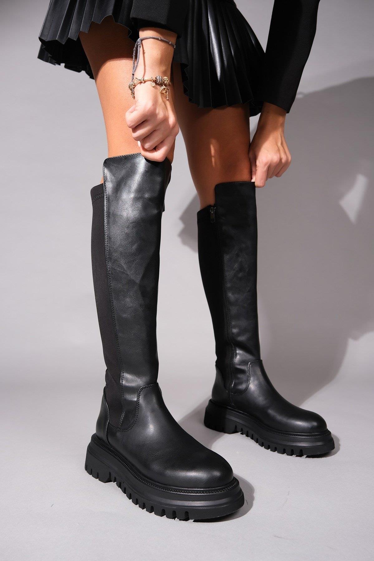Paul - Black Stretch Detail Boot – sole view showing leather, black, Vowalisse