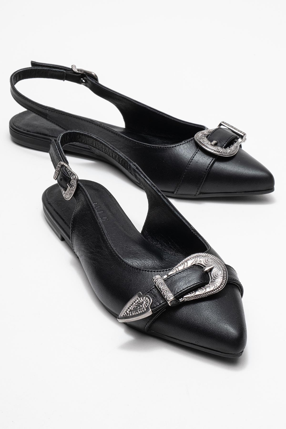 Dorothy - Black Genuine Leather Buckle Pointed Toe Sandal – front three-quarter view showing leather, black, Vowalisse