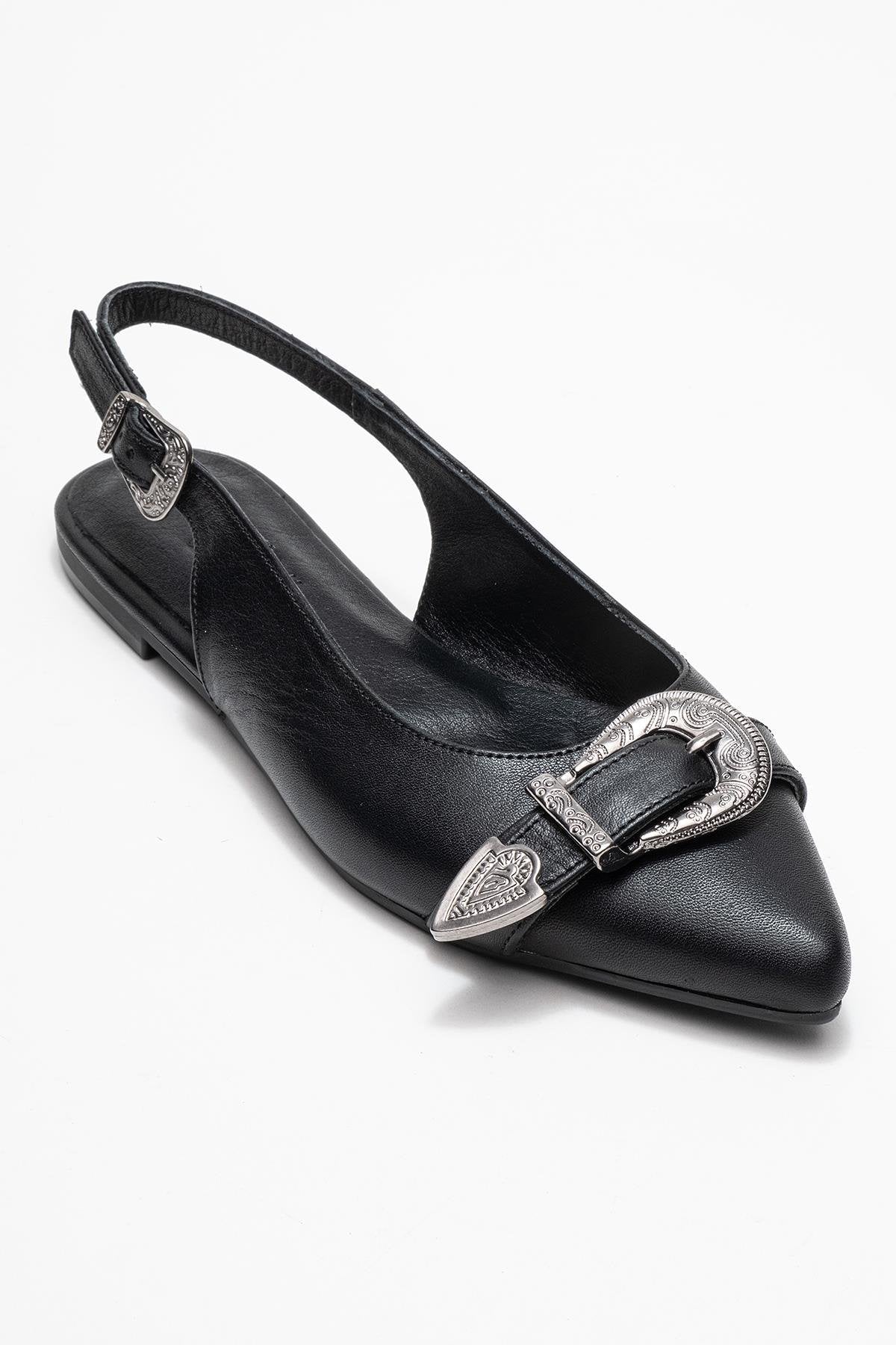 Dorothy - Black Genuine Leather Buckle Pointed Toe Sandal – detail view showing leather, black, Vowalisse