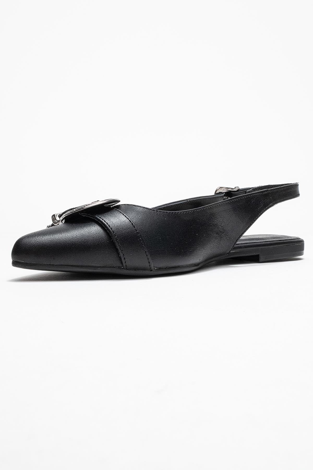 Dorothy - Black Genuine Leather Buckle Pointed Toe Sandal – heel view showing leather, black, Vowalisse