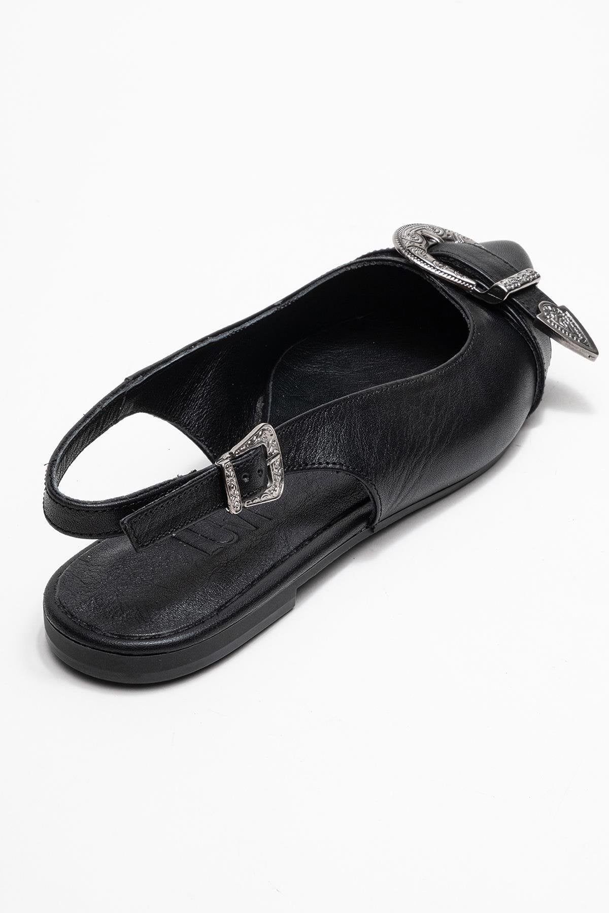 Dorothy - Black Genuine Leather Buckle Pointed Toe Sandal – back view showing leather, black, Vowalisse