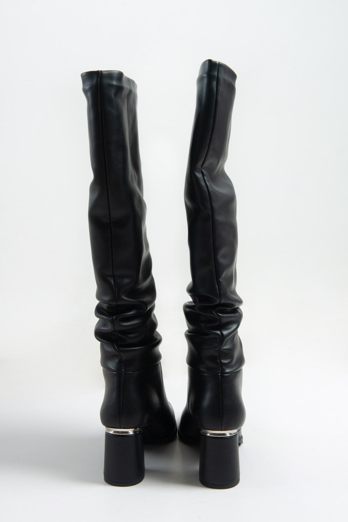 120 - Black Gusseted Block Heel Boot – top view showing leather, black, Vowalisse