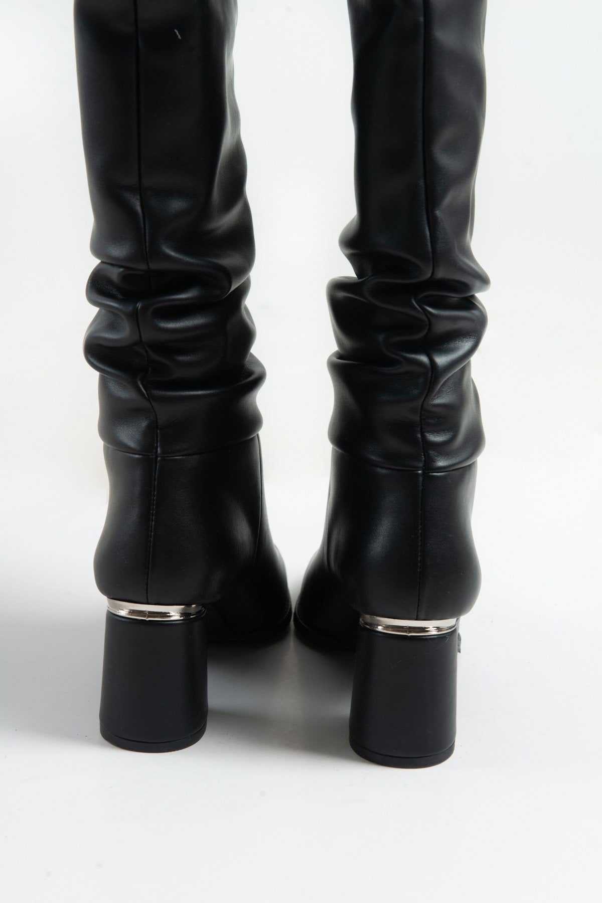 120 - Black Gusseted Block Heel Boot – sole view showing leather, black, Vowalisse