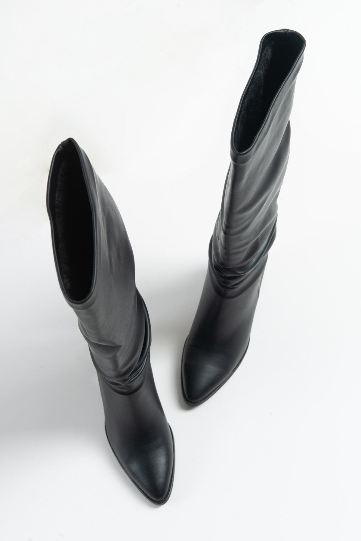 120 - Black Gusseted Block Heel Boot – pair view showing leather, black, Vowalisse