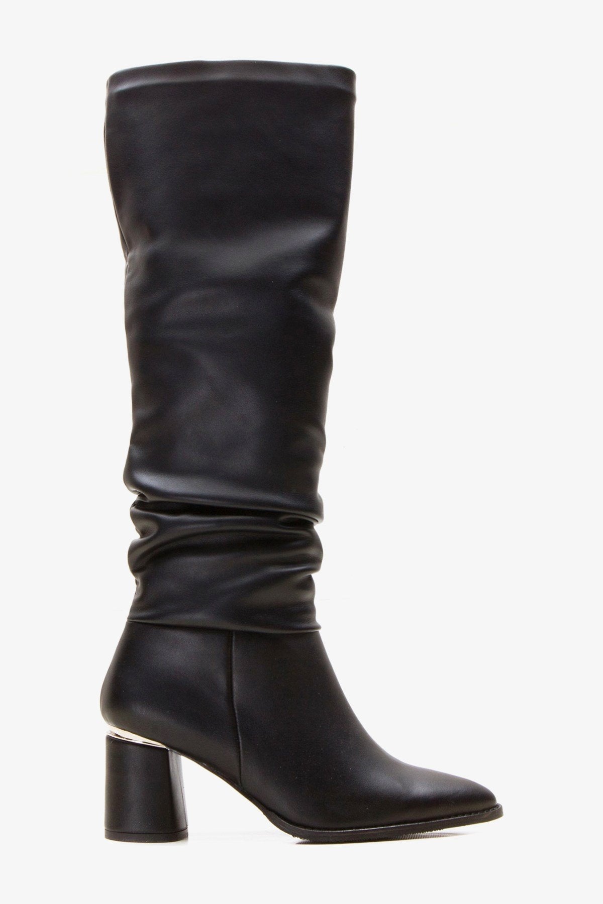 120 - Black Gusseted Block Heel Boot – product view 9 showing leather, black, Vowalisse