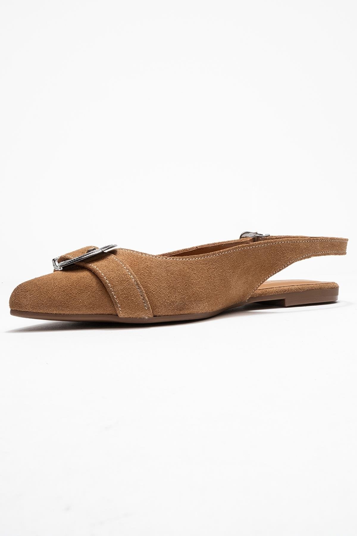 Dorothy - Taupe Suede Genuine Leather Buckle Pointed Toe Sandal – heel view showing leather, suede, Vowalisse