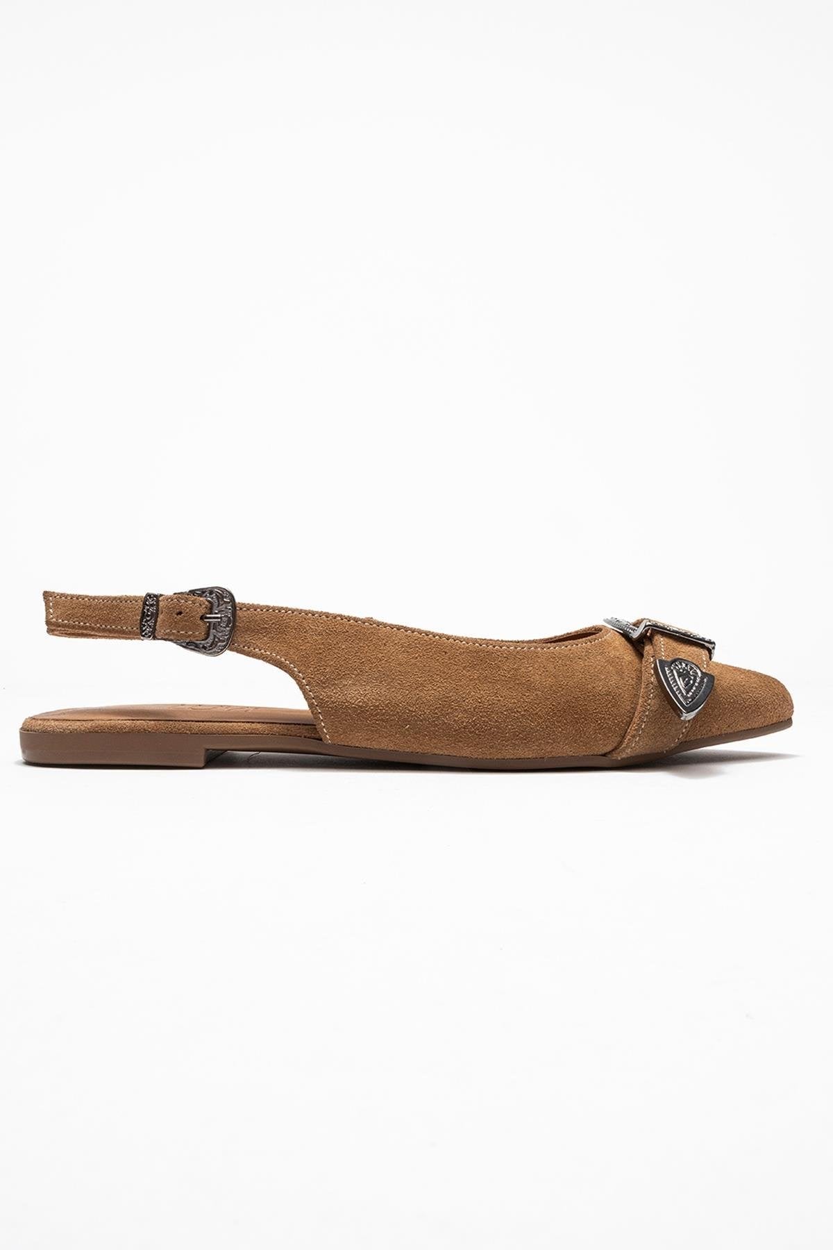 Dorothy - Taupe Suede Genuine Leather Buckle Pointed Toe Sandal – top view showing leather, suede, Vowalisse