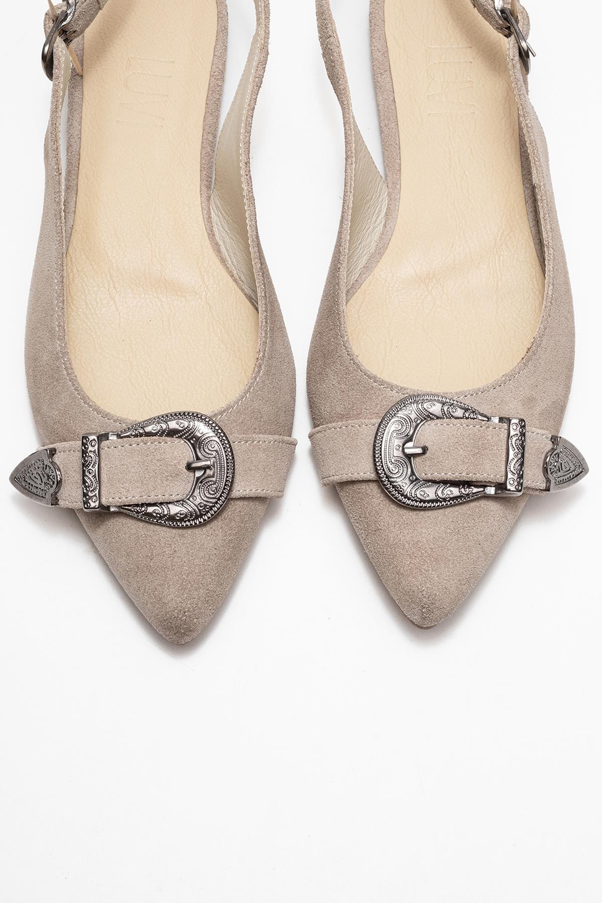 Dorothy - Beige Suede Genuine Leather Buckle Pointed Toe Sandal – side view showing leather, suede, Vowalisse