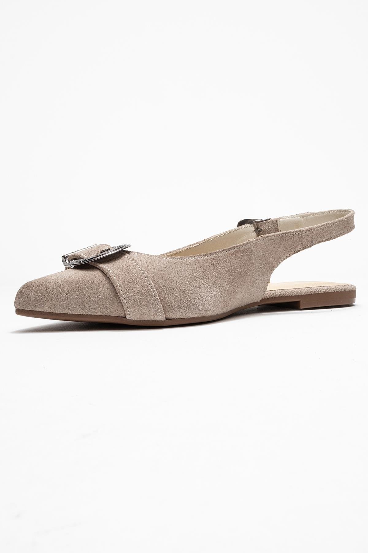 Dorothy - Beige Suede Genuine Leather Buckle Pointed Toe Sandal – heel view showing leather, suede, Vowalisse