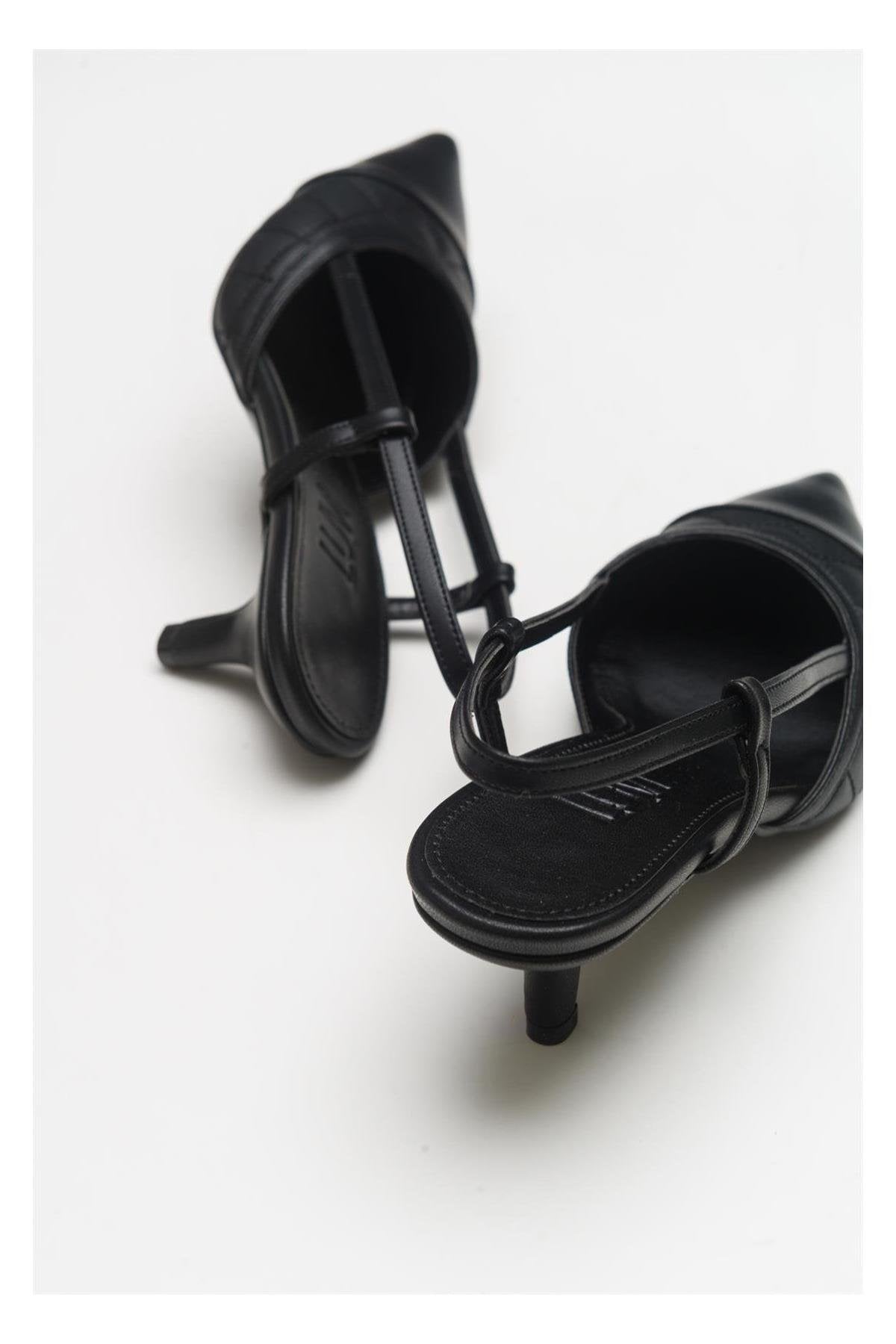 Goodge - Black Pointed Toe Backless Heeled Pump – heel view showing leather, black, Vowalisse