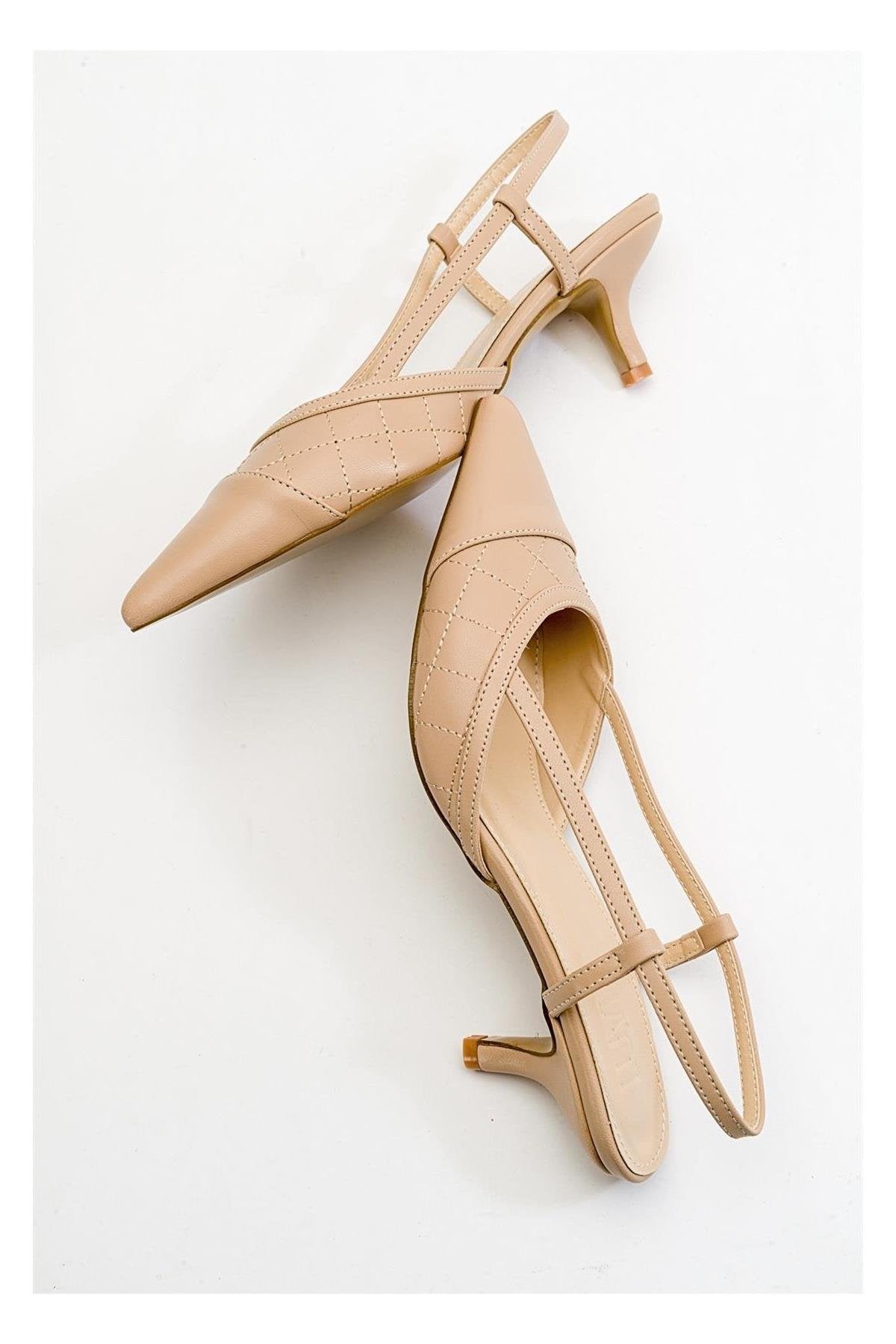 Goodge - Nude Pointed Toe Backless Heeled Pump – side view showing leather, nude, Vowalisse