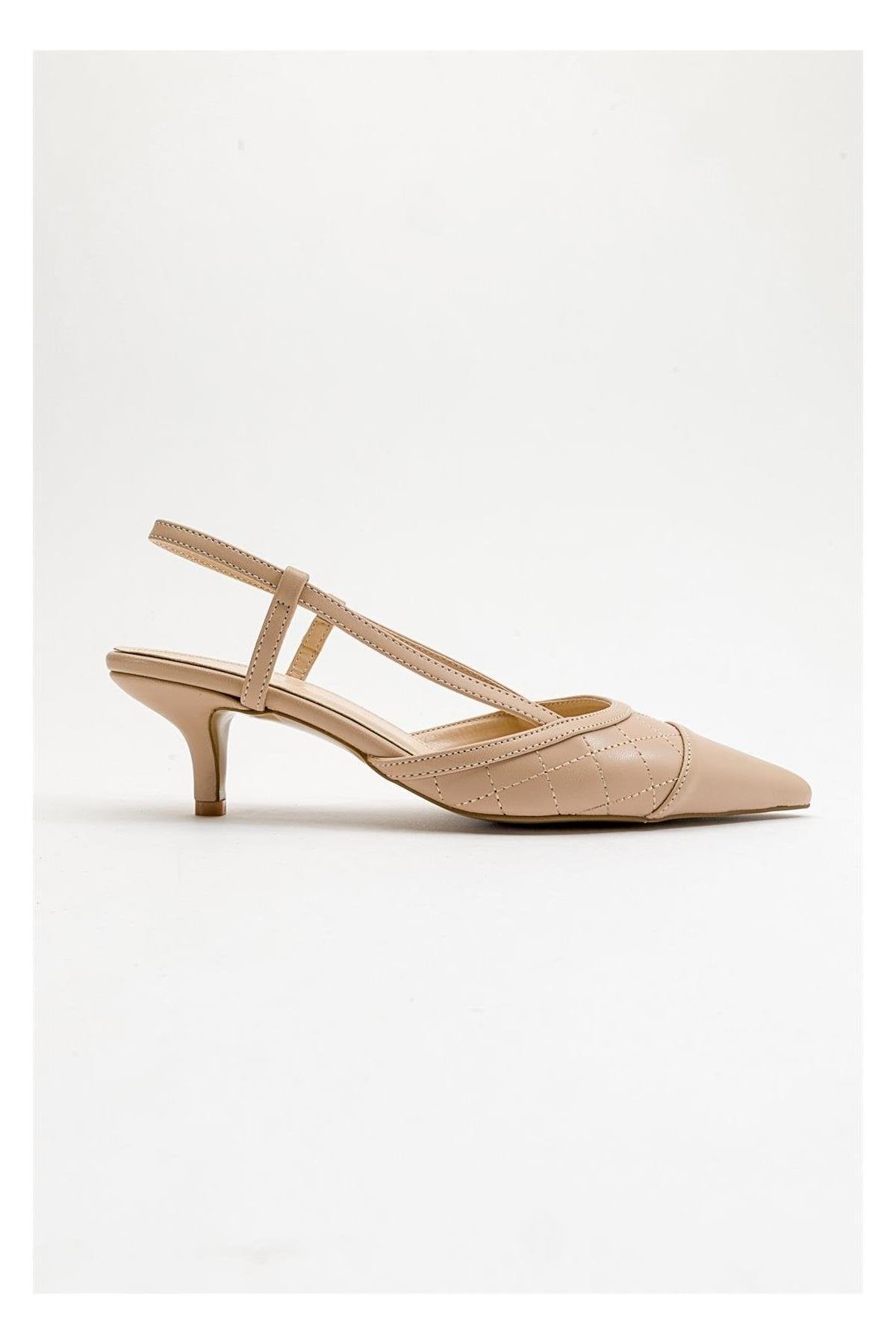 Goodge - Nude Pointed Toe Backless Heeled Pump – back view showing leather, nude, Vowalisse