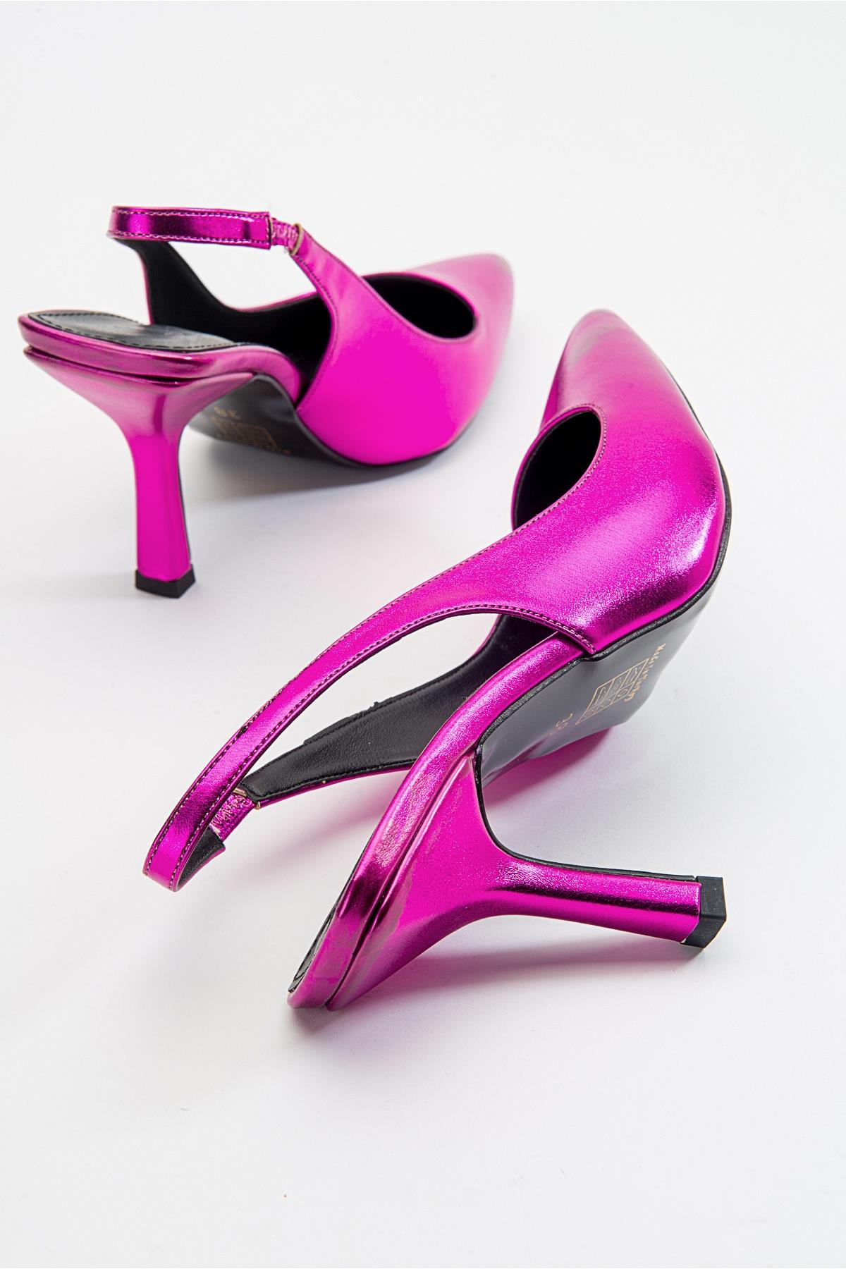 Ferry - Fuchsia Metallic Heeled Shoe – side view showing leather, metallic, Vowalisse