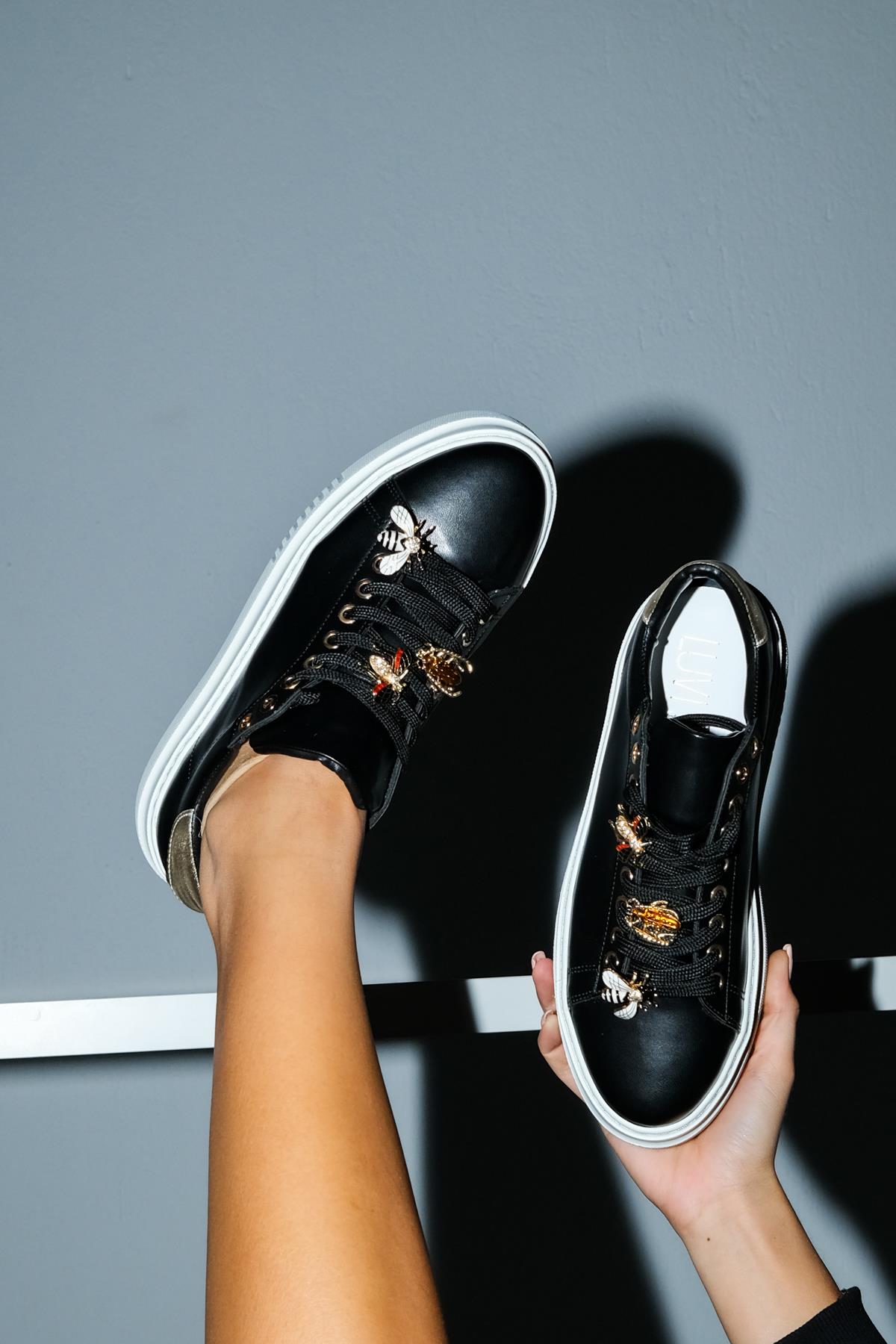 Ater - Black Sneaker – sole view showing leather, black, red, Vowalisse