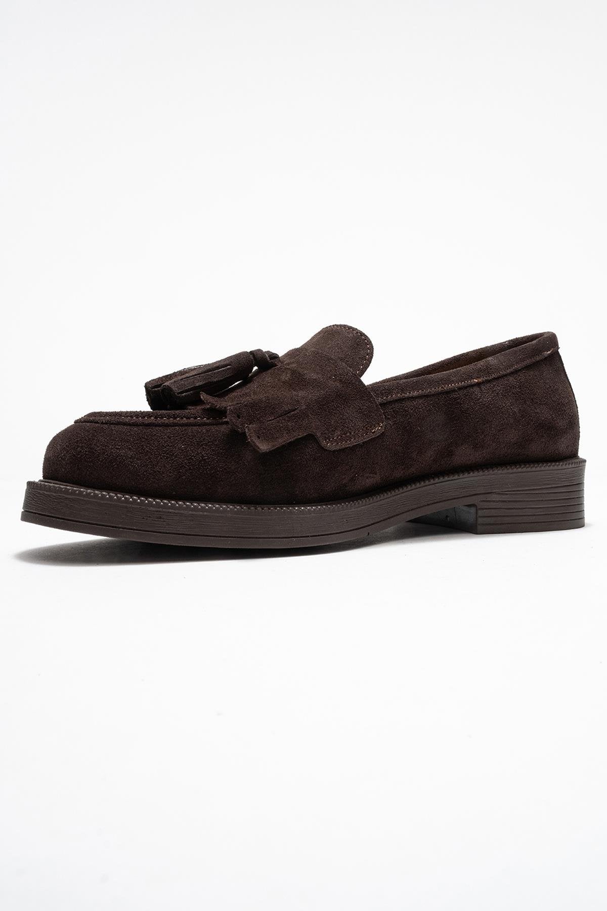 Milina - Brown Suede Genuine Leather Tassel Loafer – heel view showing leather, suede, Vowalisse