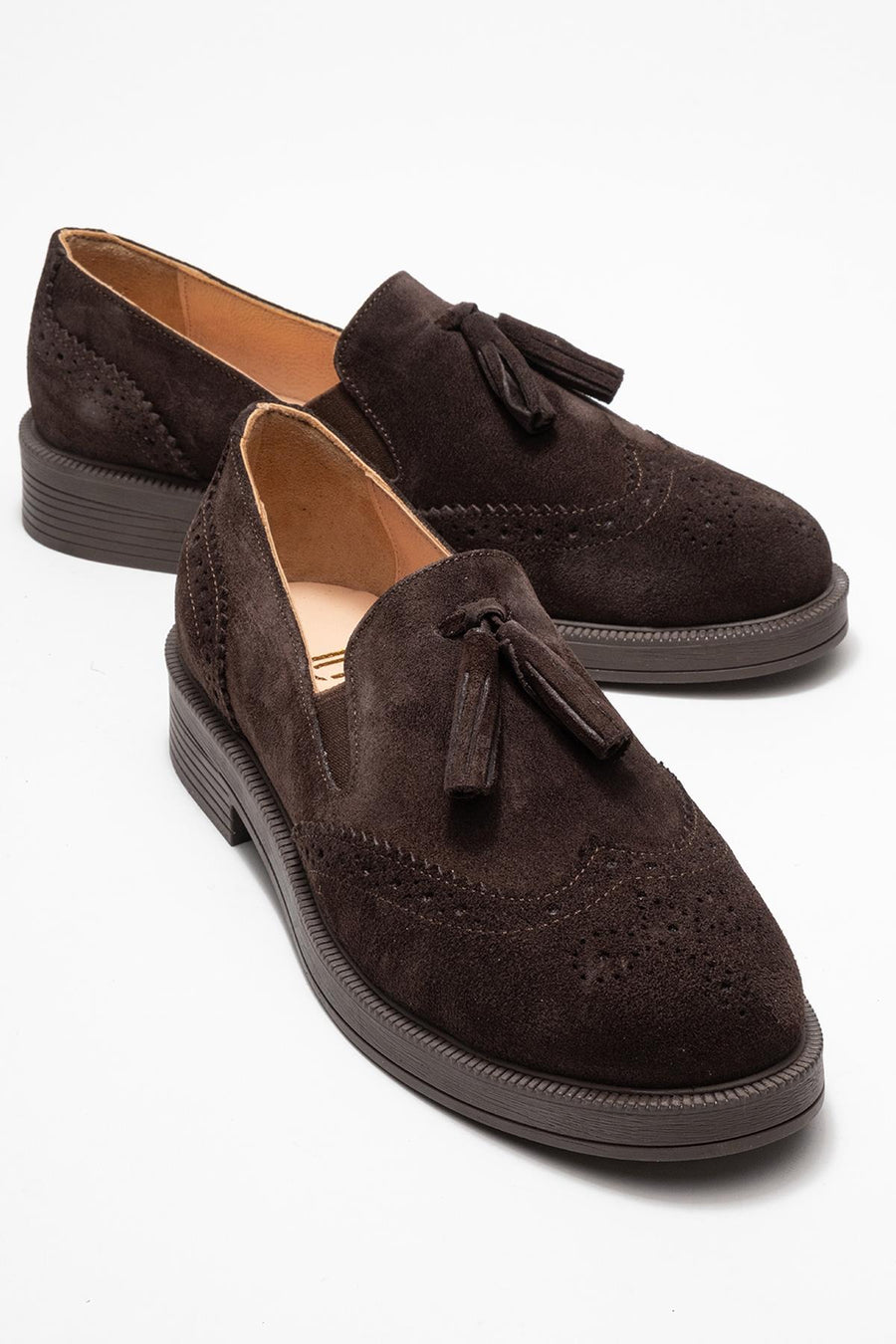 Alex - Brown Suede Genuine Leather Tassel Elastic Loafer