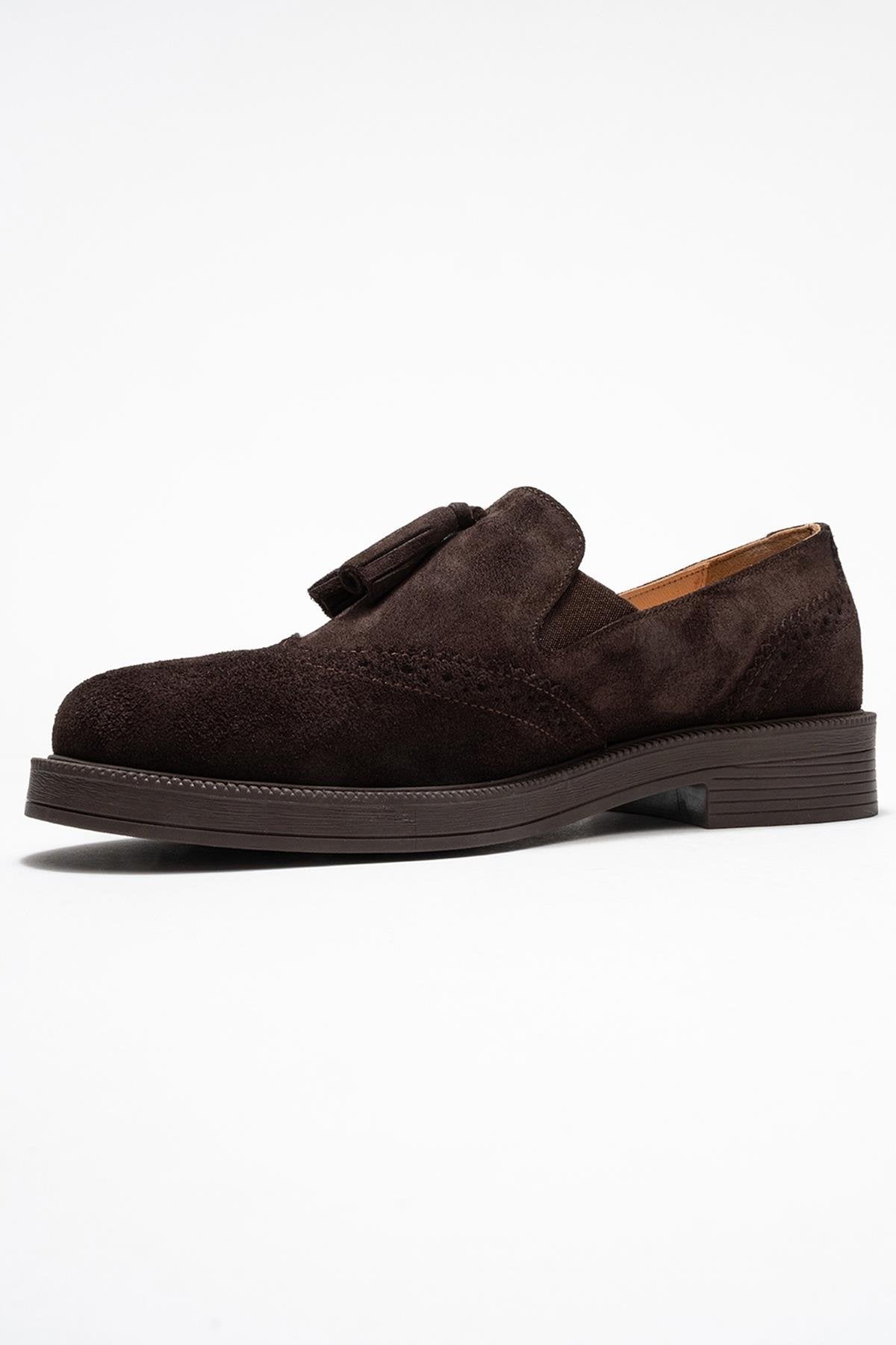 Alex - Brown Suede Genuine Leather Tassel Elastic Loafer – heel view showing leather, suede, Vowalisse