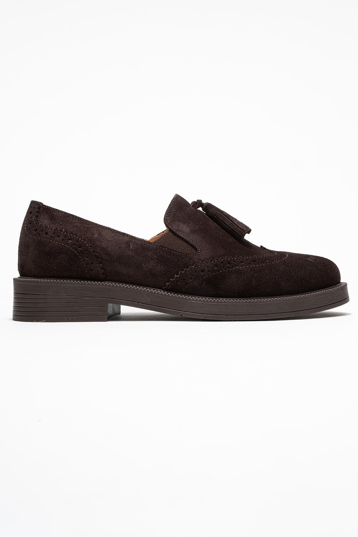 Alex - Brown Suede Genuine Leather Tassel Elastic Loafer – top view showing leather, suede, Vowalisse