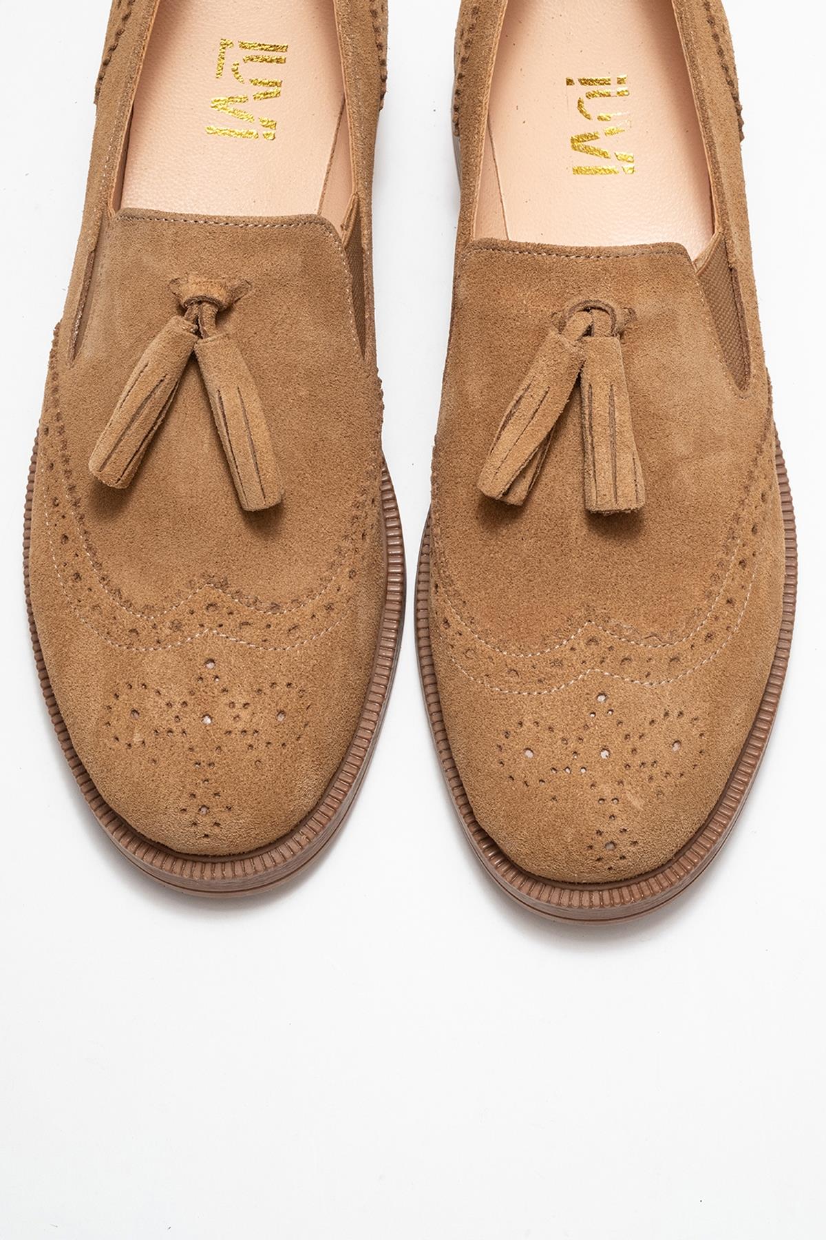 Alex - Taupe Suede Genuine Leather Tassel Elastic Loafer – side view showing leather, suede, Vowalisse