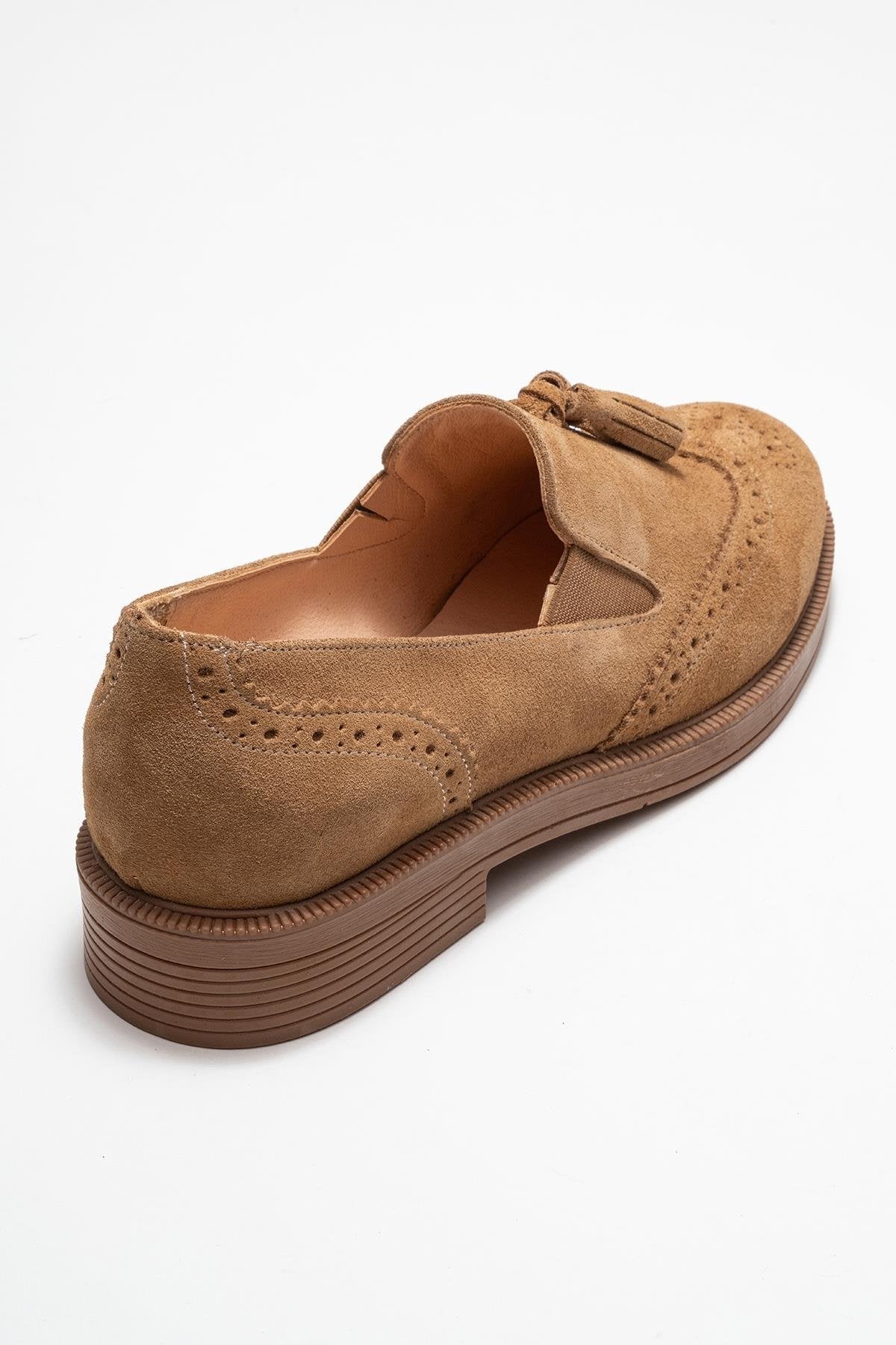 Alex - Taupe Suede Genuine Leather Tassel Elastic Loafer – back view showing leather, suede, Vowalisse