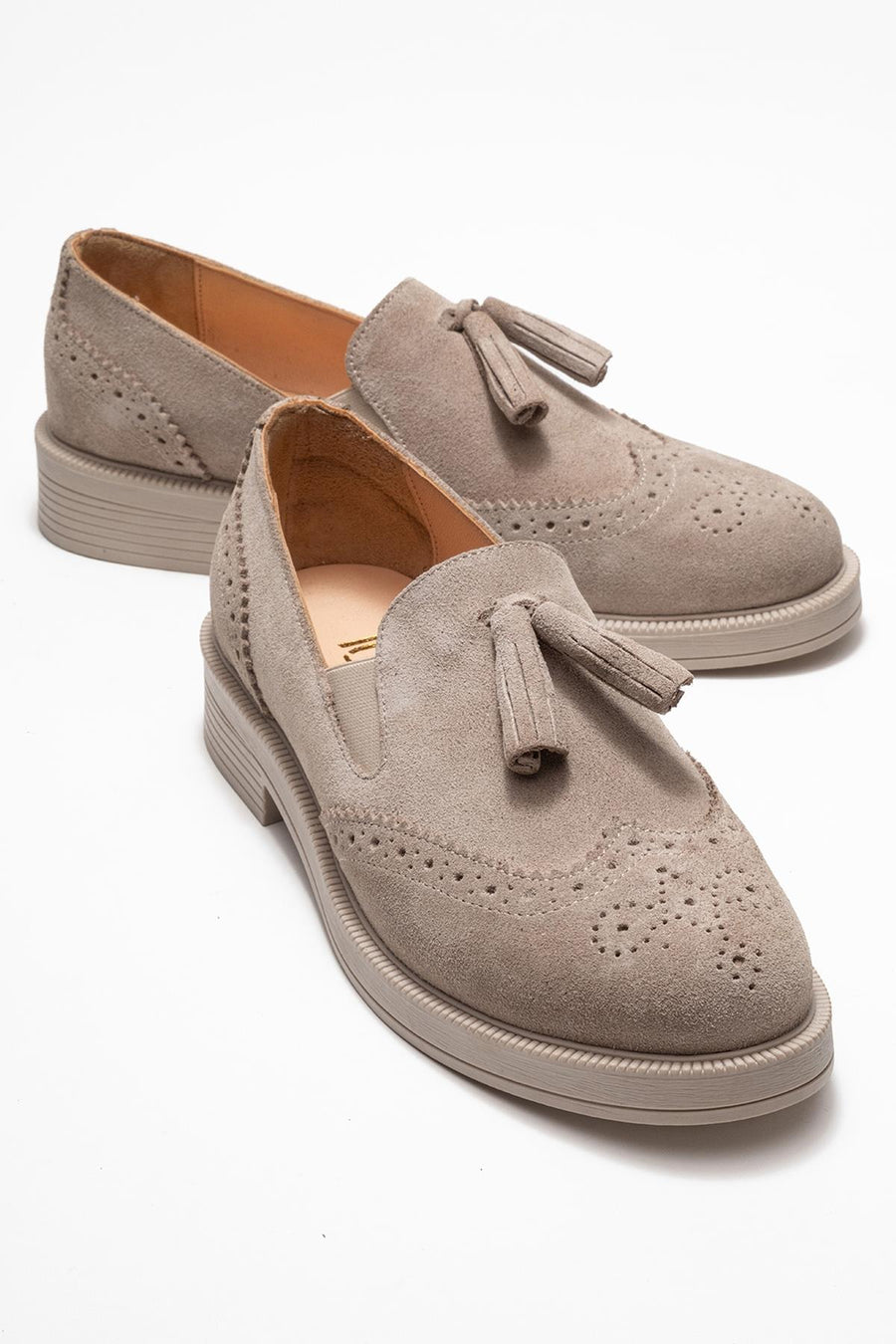 Alex - Beige Suede Genuine Leather Tassel Elastic Loafer