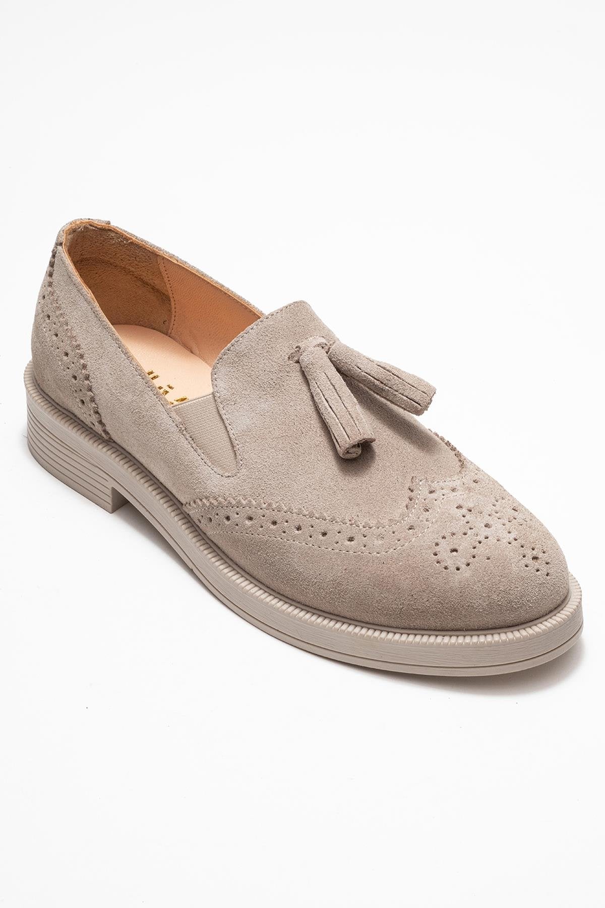 Alex - Beige Suede Genuine Leather Tassel Elastic Loafer – detail view showing leather, suede, Vowalisse