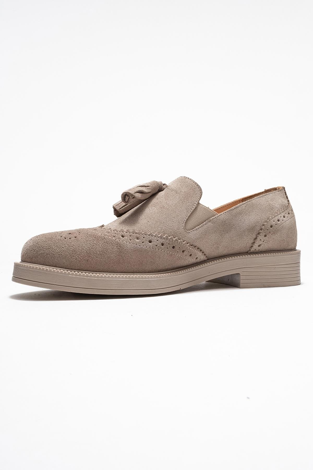 Alex - Beige Suede Genuine Leather Tassel Elastic Loafer – heel view showing leather, suede, Vowalisse