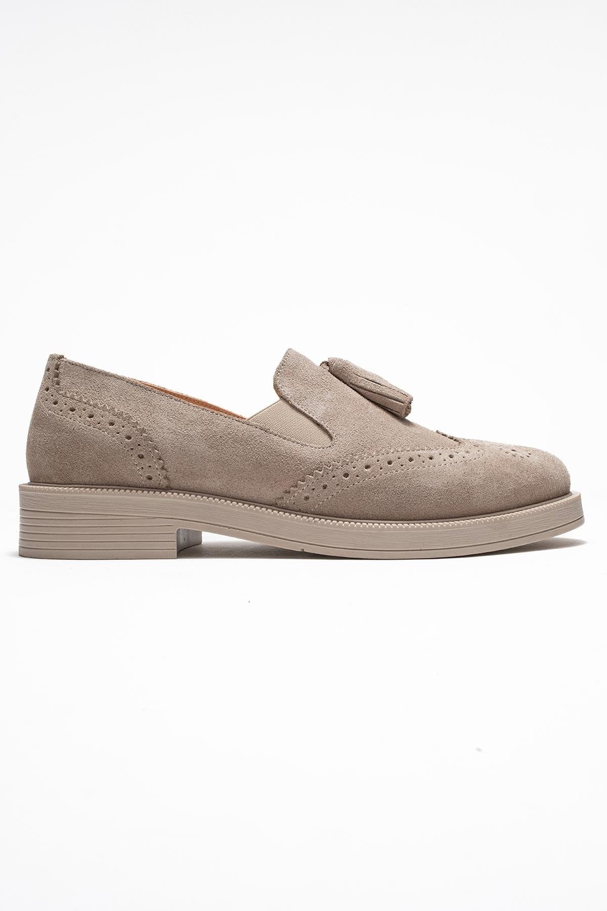 Alex - Beige Suede Genuine Leather Tassel Elastic Loafer – top view showing leather, suede, Vowalisse