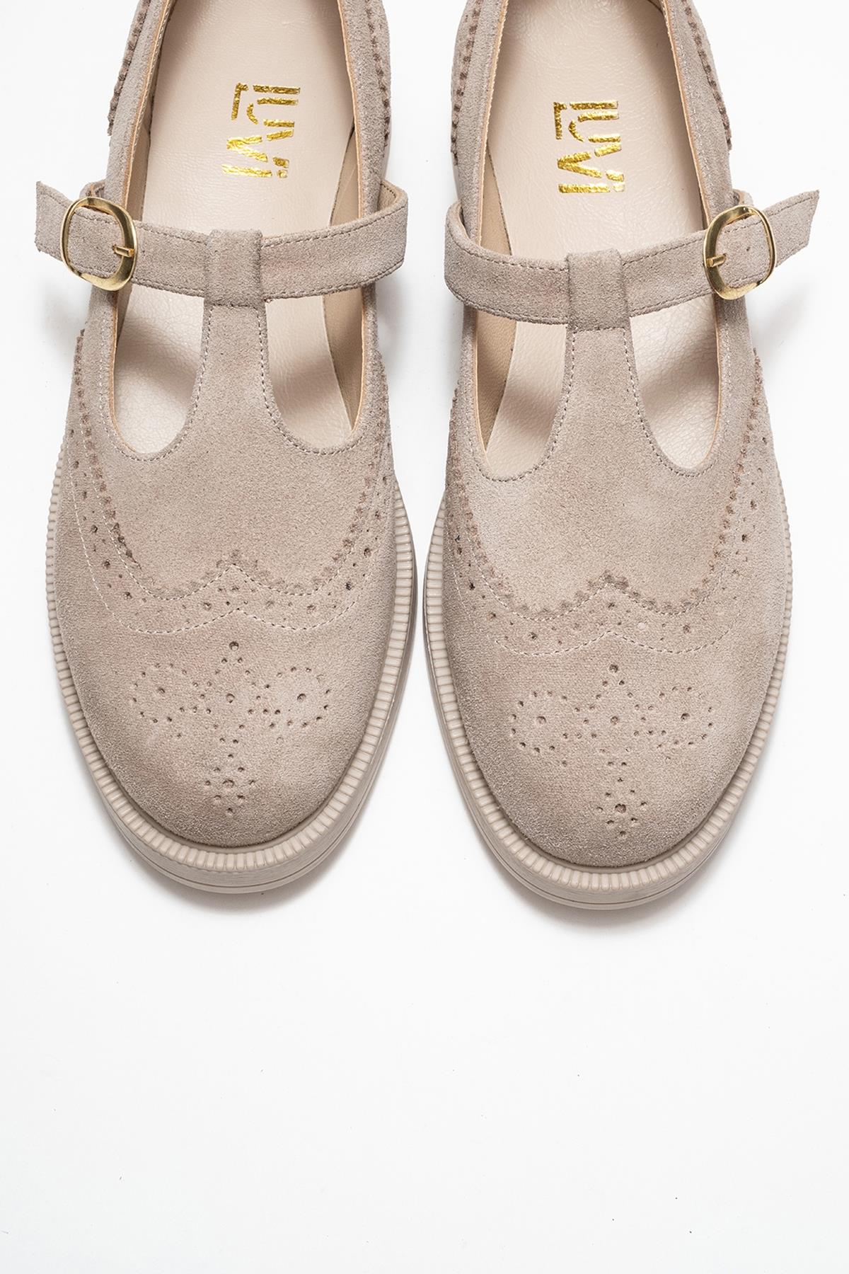 Janney - Beige Suede Genuine Leather Strap Loafer – side view showing leather, suede, Vowalisse