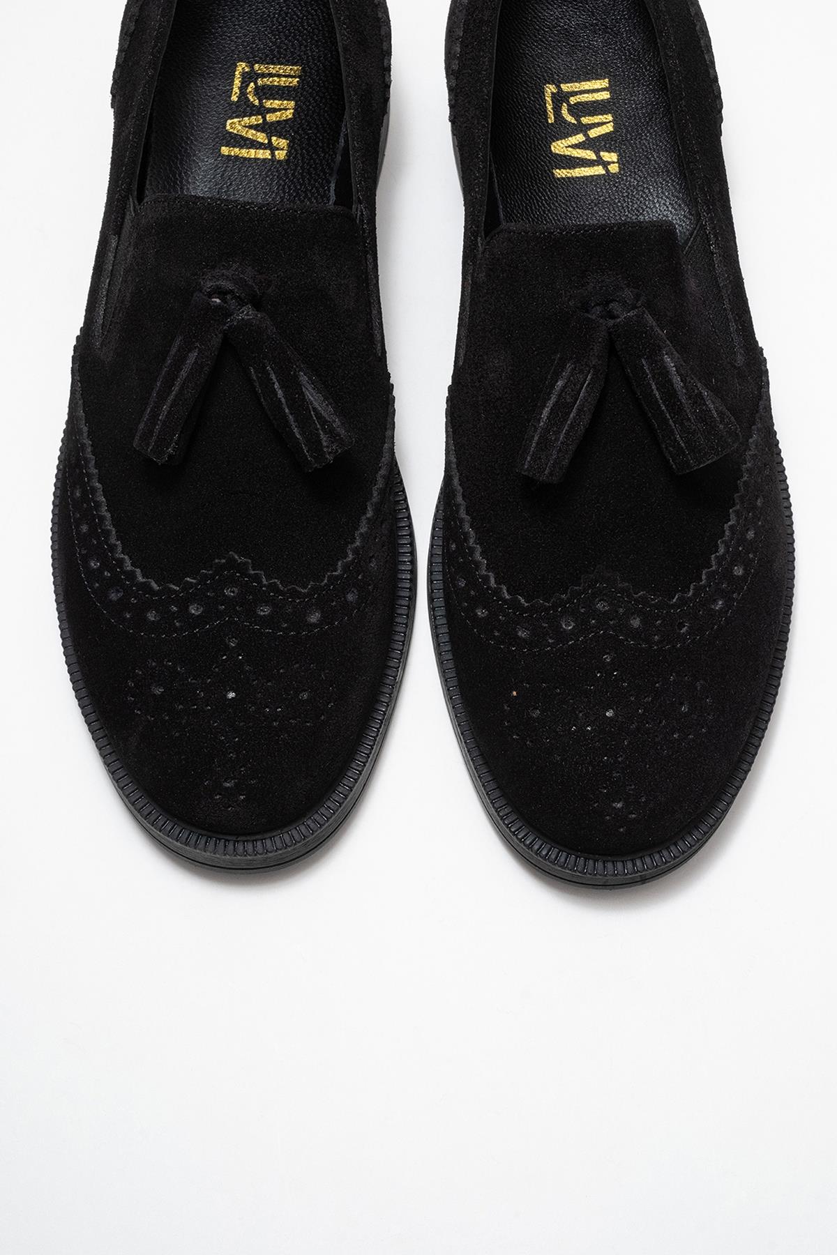 Alex - Black Suede Genuine Leather Tassel Loafer – side view showing leather, suede, black, Vowalisse