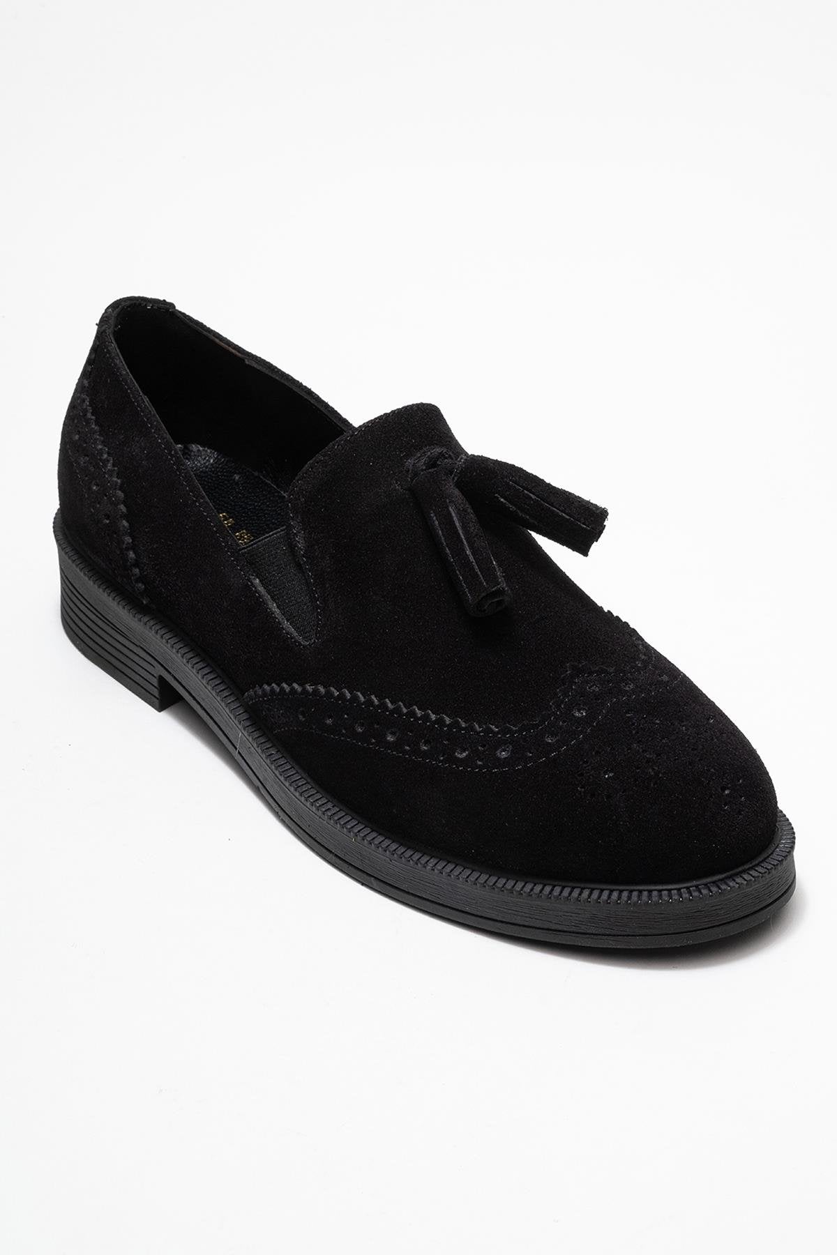 Alex - Black Suede Genuine Leather Tassel Loafer – detail view showing leather, suede, black, Vowalisse