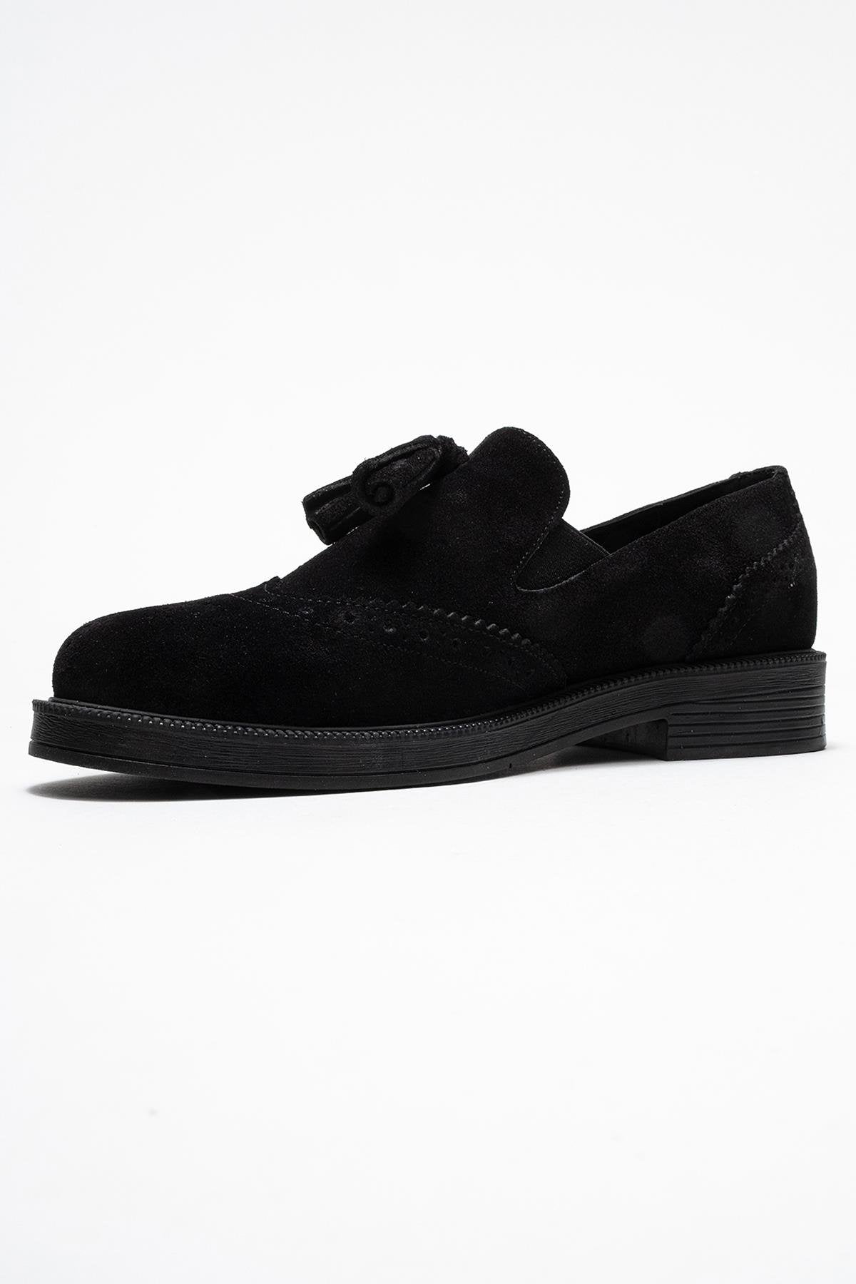 Alex - Black Suede Genuine Leather Tassel Loafer – heel view showing leather, suede, black, Vowalisse