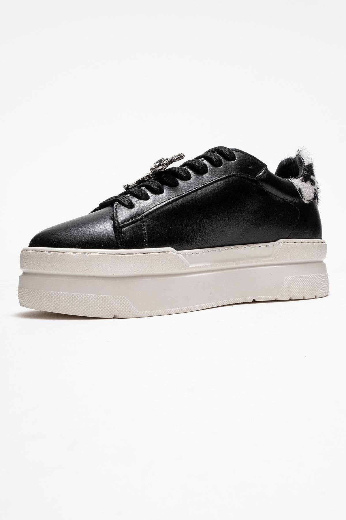 Laren - Black Genuine Leather Buckle Casual Sneaker – heel view showing leather, black, Vowalisse