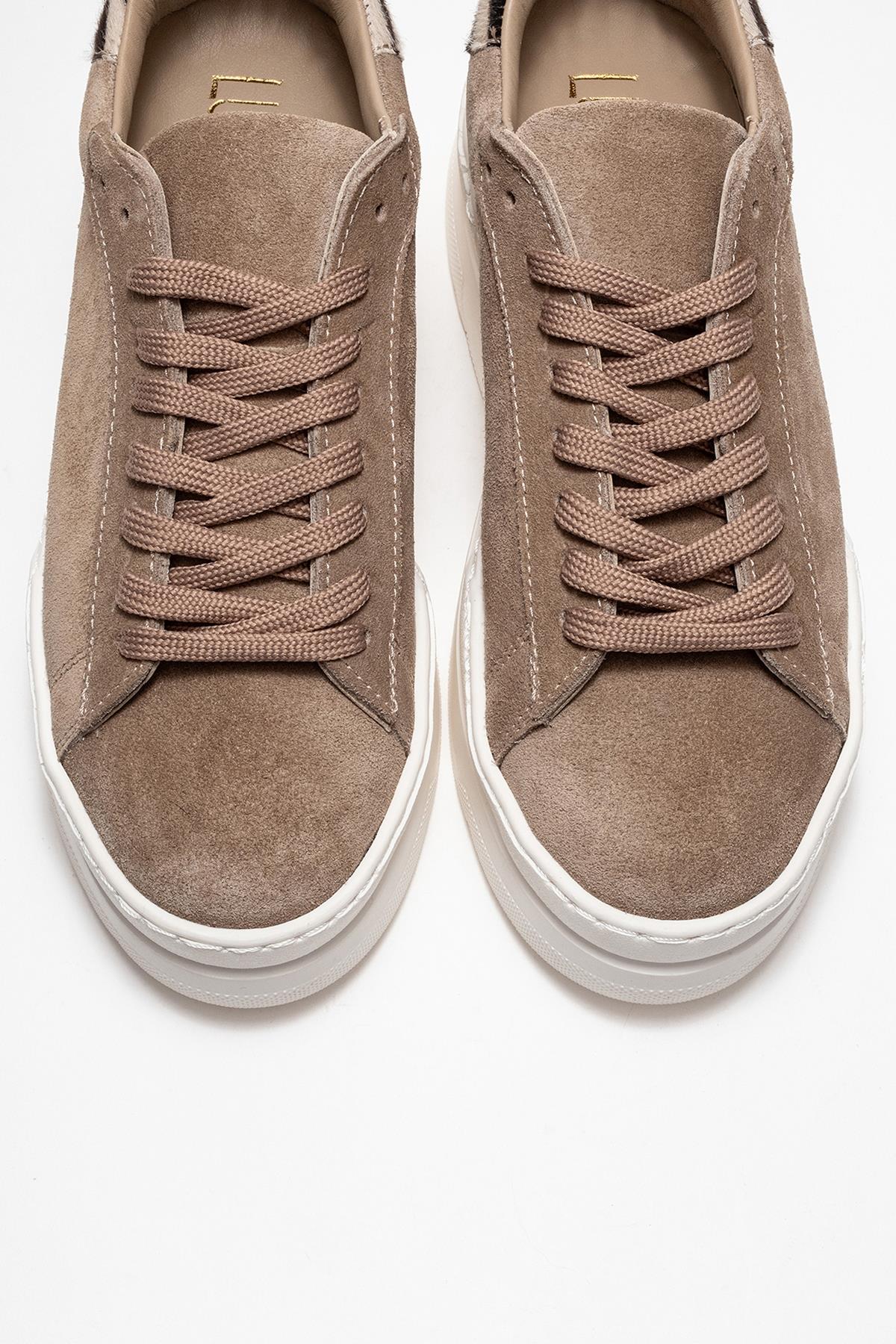 Anabel - Taupe Suede Genuine Leather Casual Sneaker – side view showing leather, suede, Vowalisse