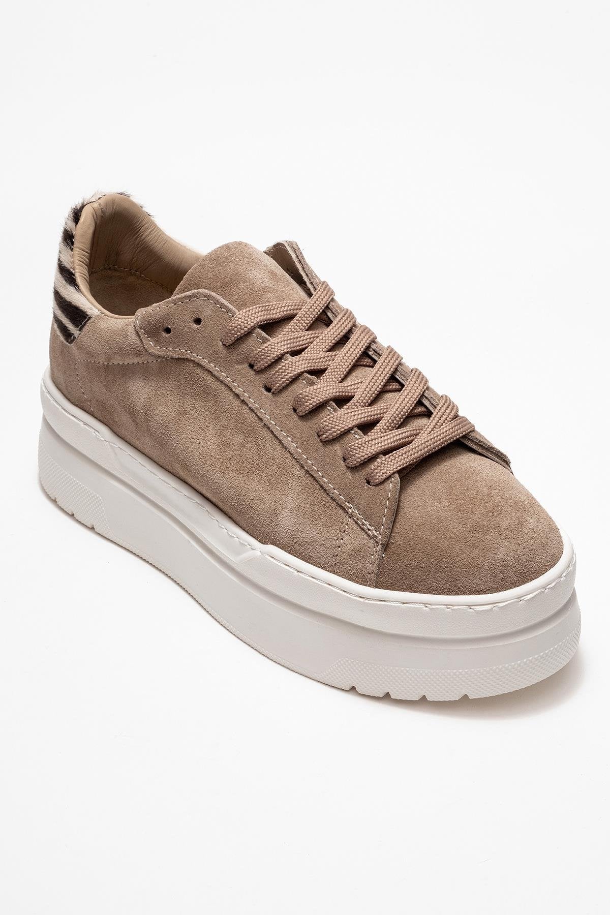 Anabel - Taupe Suede Genuine Leather Casual Sneaker – detail view showing leather, suede, Vowalisse