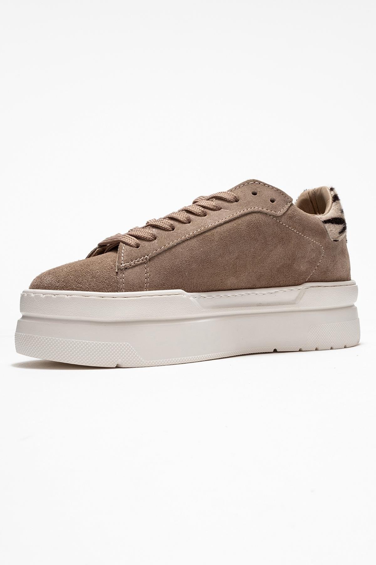 Anabel - Taupe Suede Genuine Leather Casual Sneaker – heel view showing leather, suede, Vowalisse