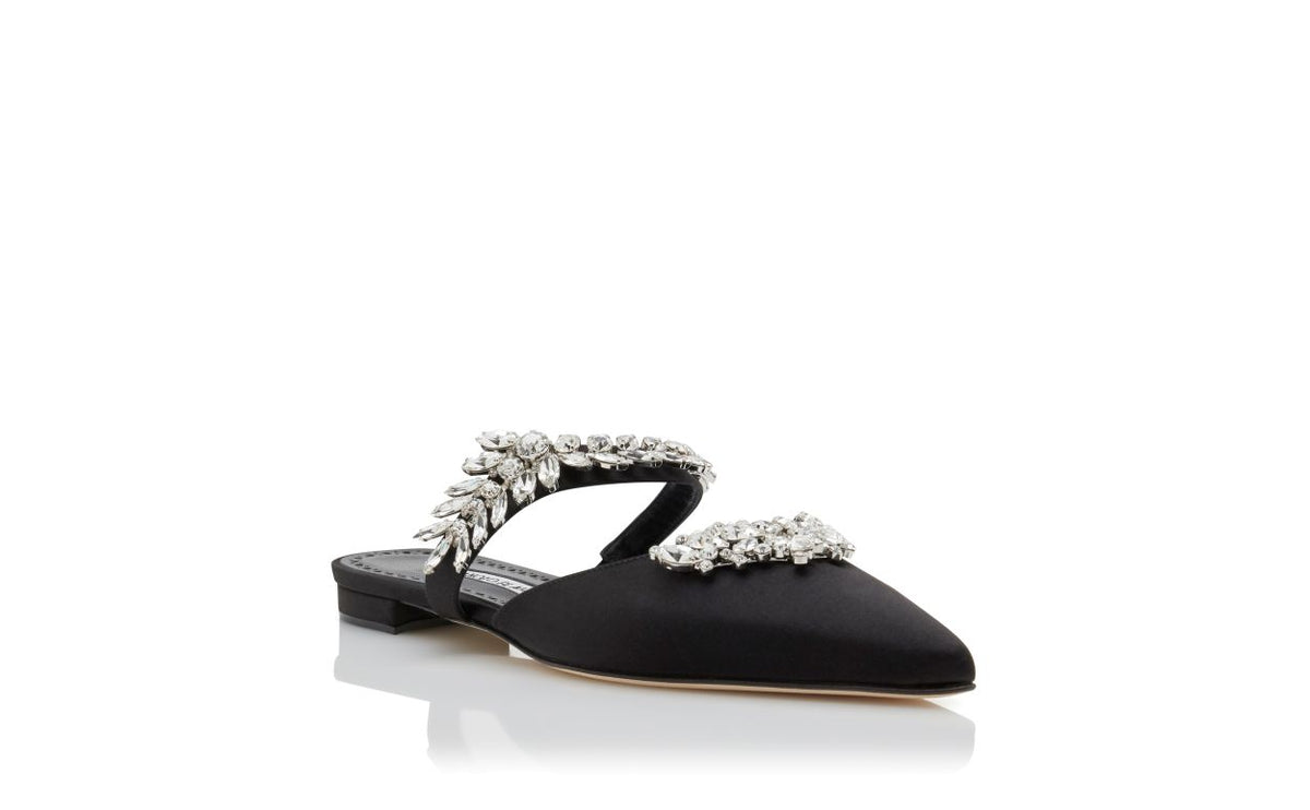 Delphine Flame Black Crystal Embellished Mules – top view showing black crystal embellished, satin, Vowalisse