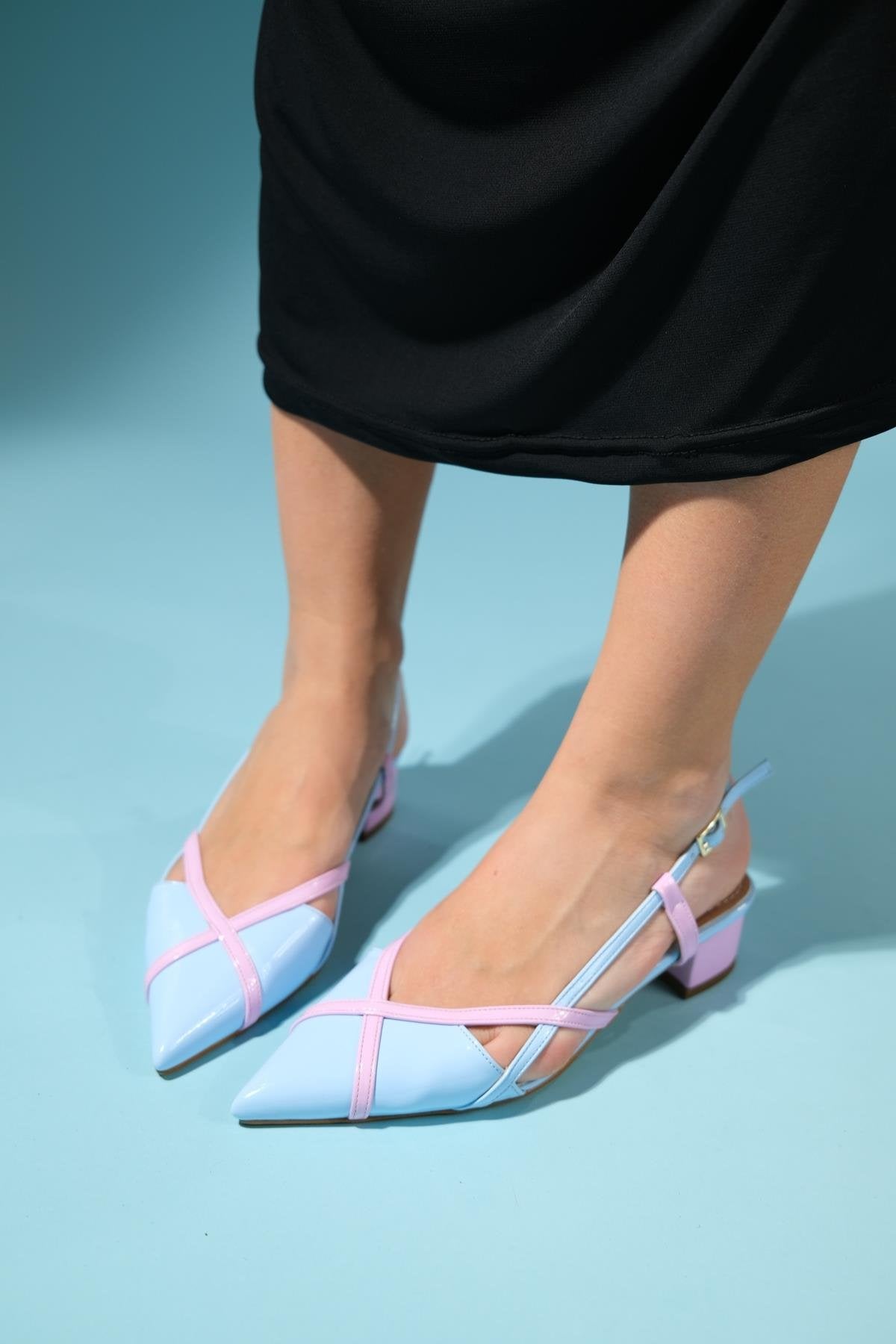 Steve - Blue-Pink Low Heel Sandal – back view showing leather, pink, blue, Vowalisse