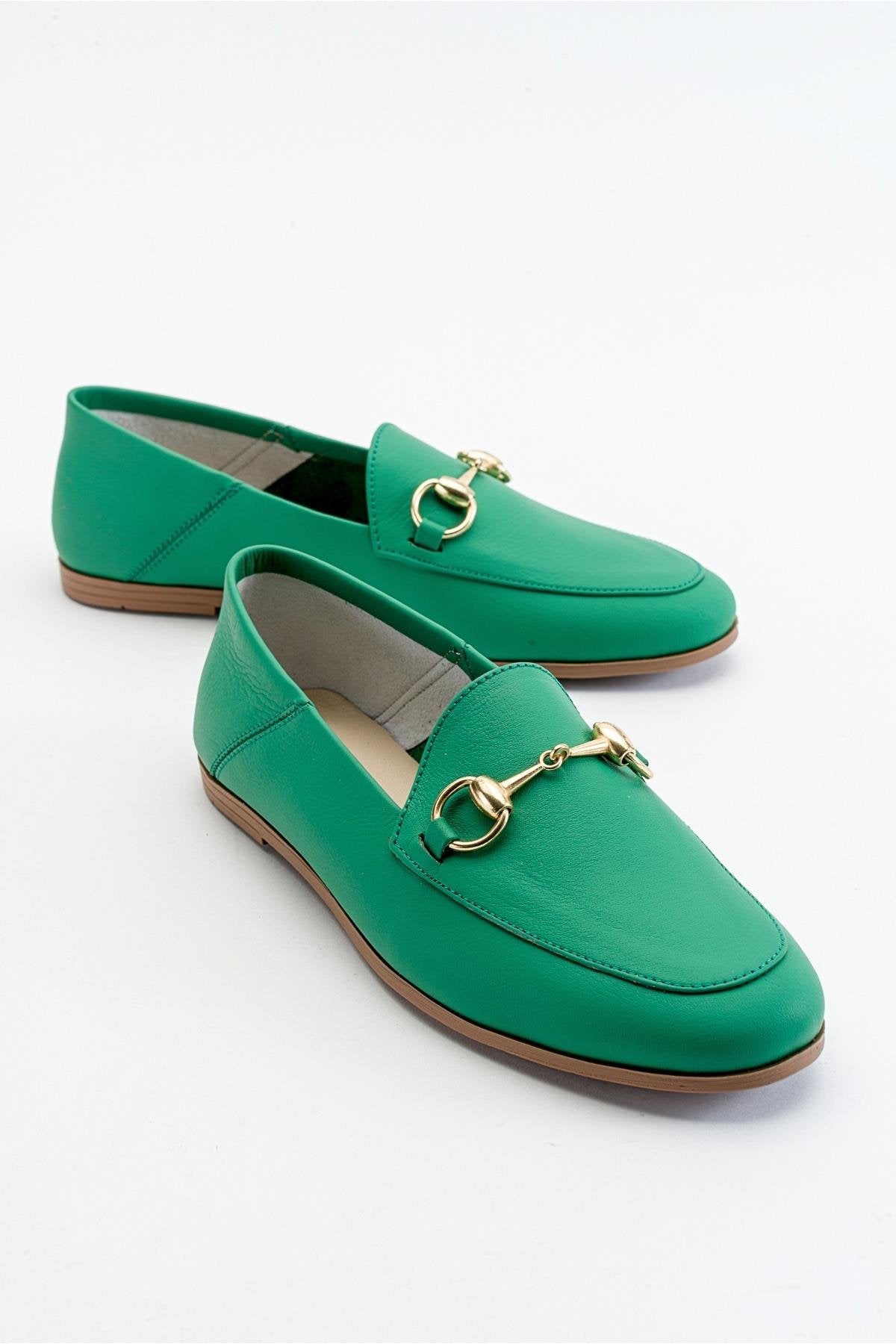Penny - Green Leather Horsebit Loafers – front three-quarter view showing leather, suede, green, Vowalisse