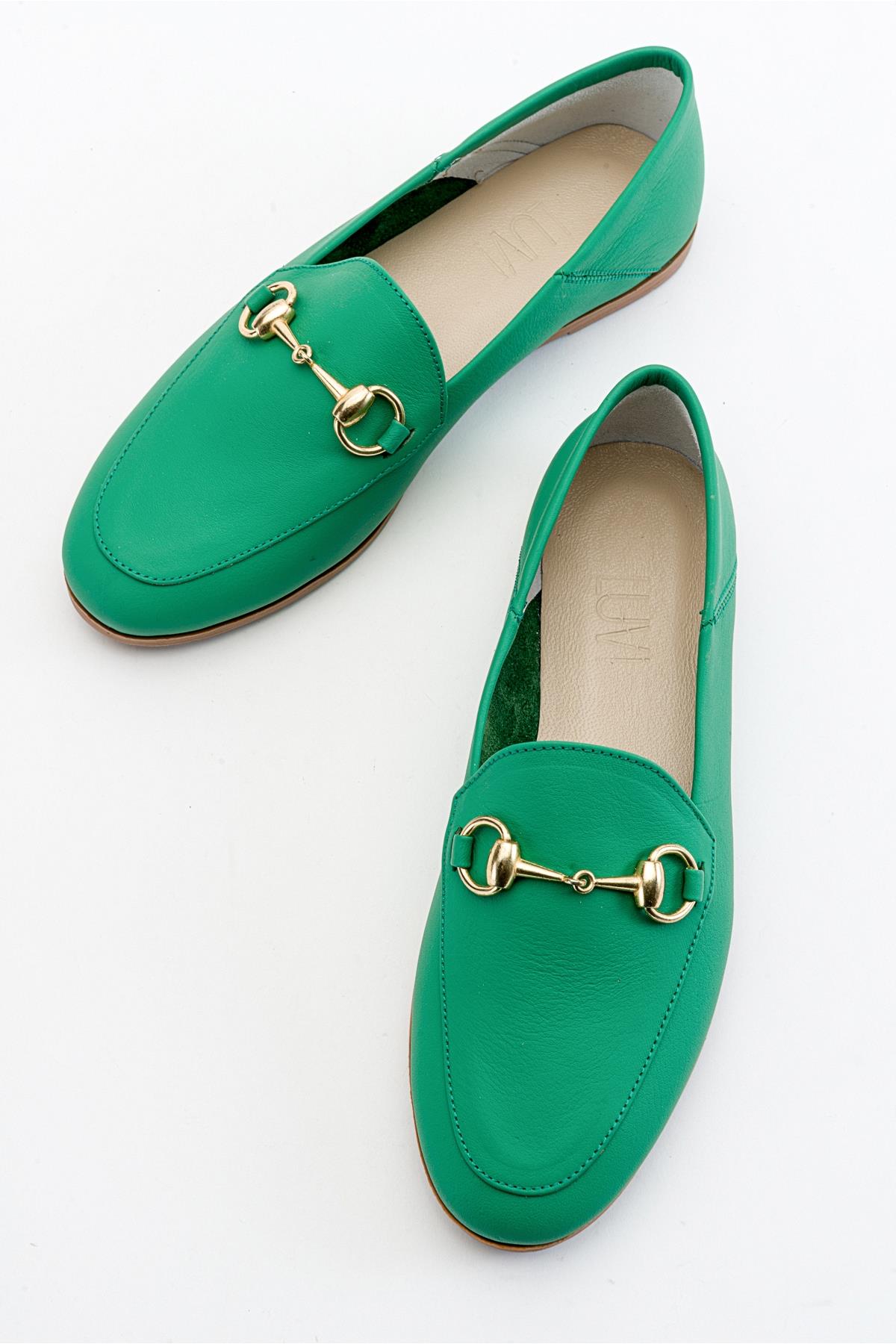 Penny - Green Leather Horsebit Loafers – heel view showing leather, suede, green, Vowalisse