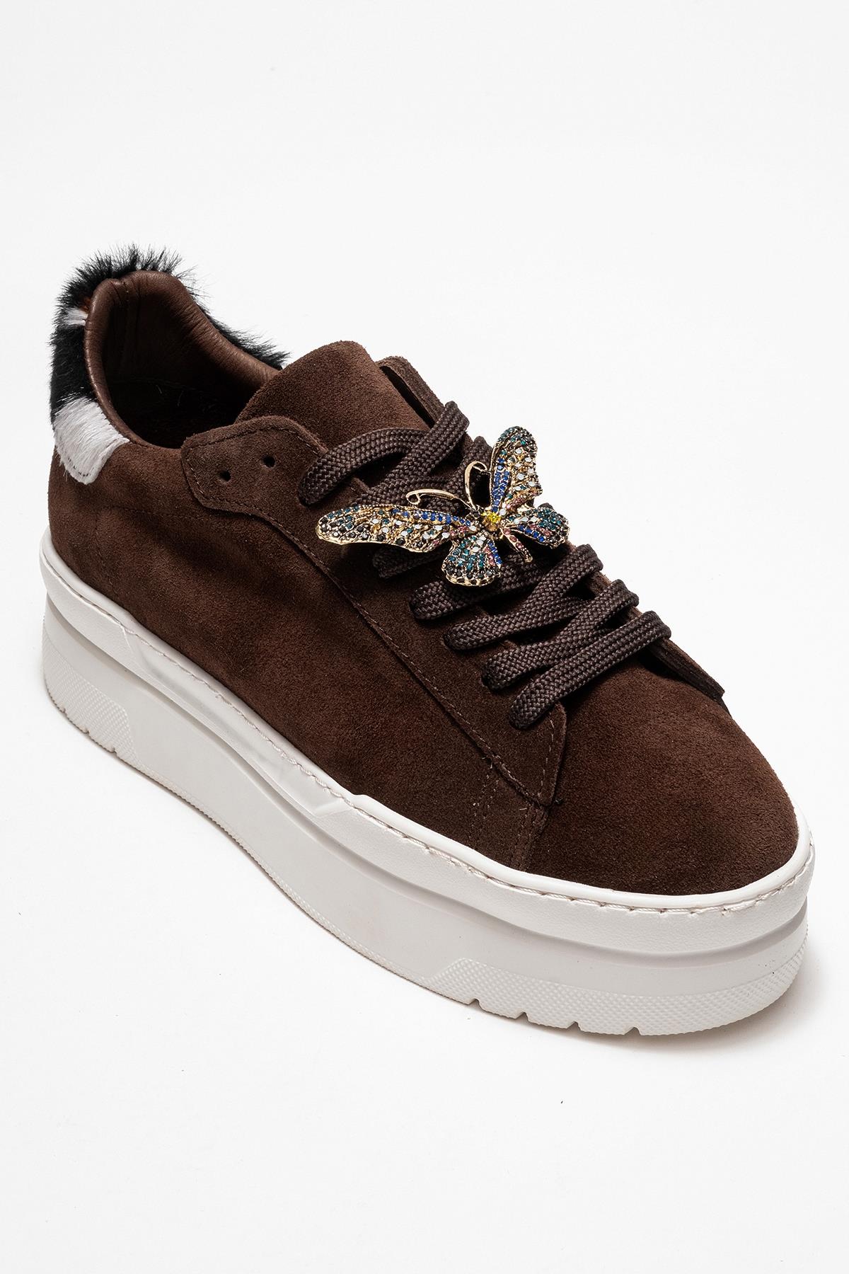Anda - Brown Genuine Leather Buckled Casual Sneaker – detail view showing leather, Vowalisse