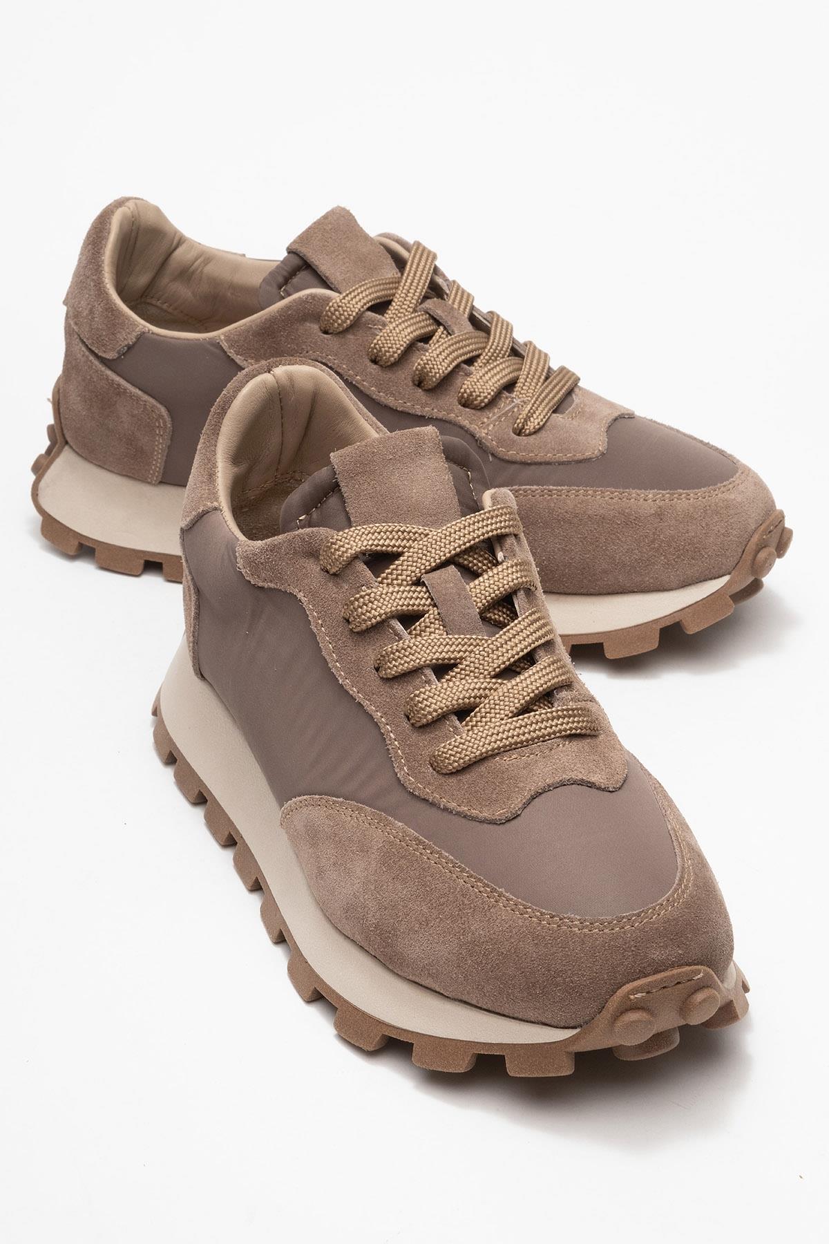 Amanda - Taupe Genuine Leather Sneaker – front three-quarter view showing leather, Vowalisse