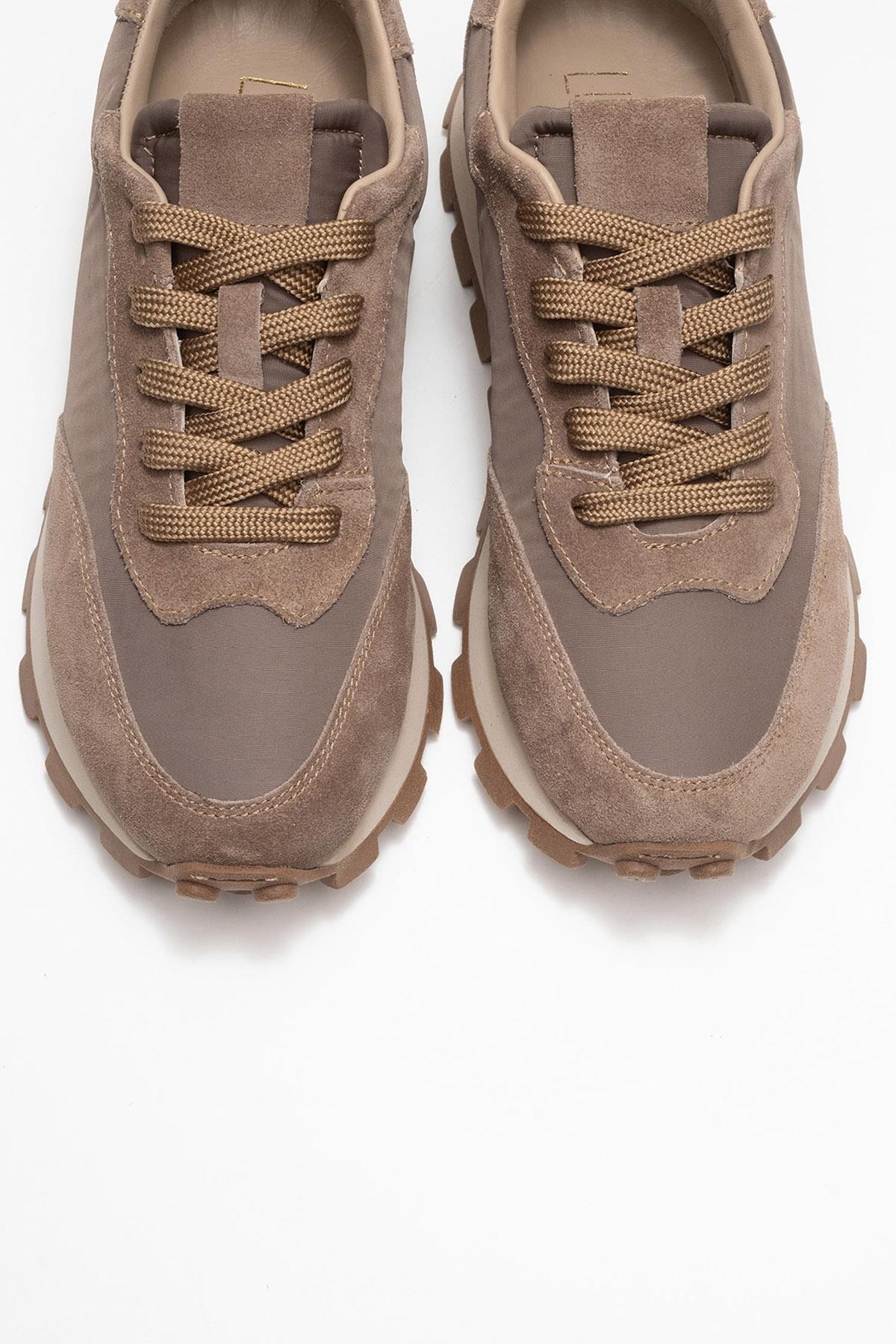 Amanda - Taupe Genuine Leather Sneaker – side view showing leather, Vowalisse